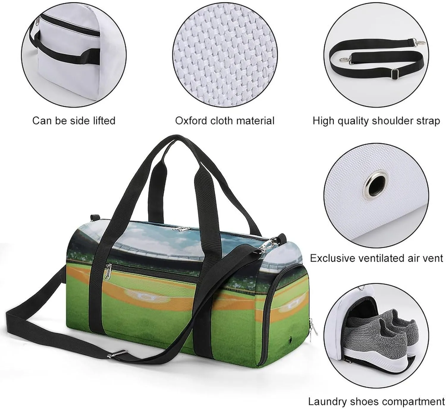 Gym Bag Green Baseball Field Backdrop Duffel Bag for Men Women Overnight Bag with Shoe Compartment Workout Bags