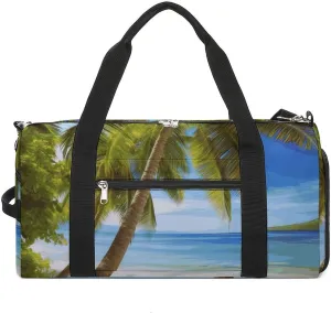 Gym Bag Green Palm Trees Ocean Duffel Bag for Men Women Overnight Bag with Shoe Compartment Workout Bags