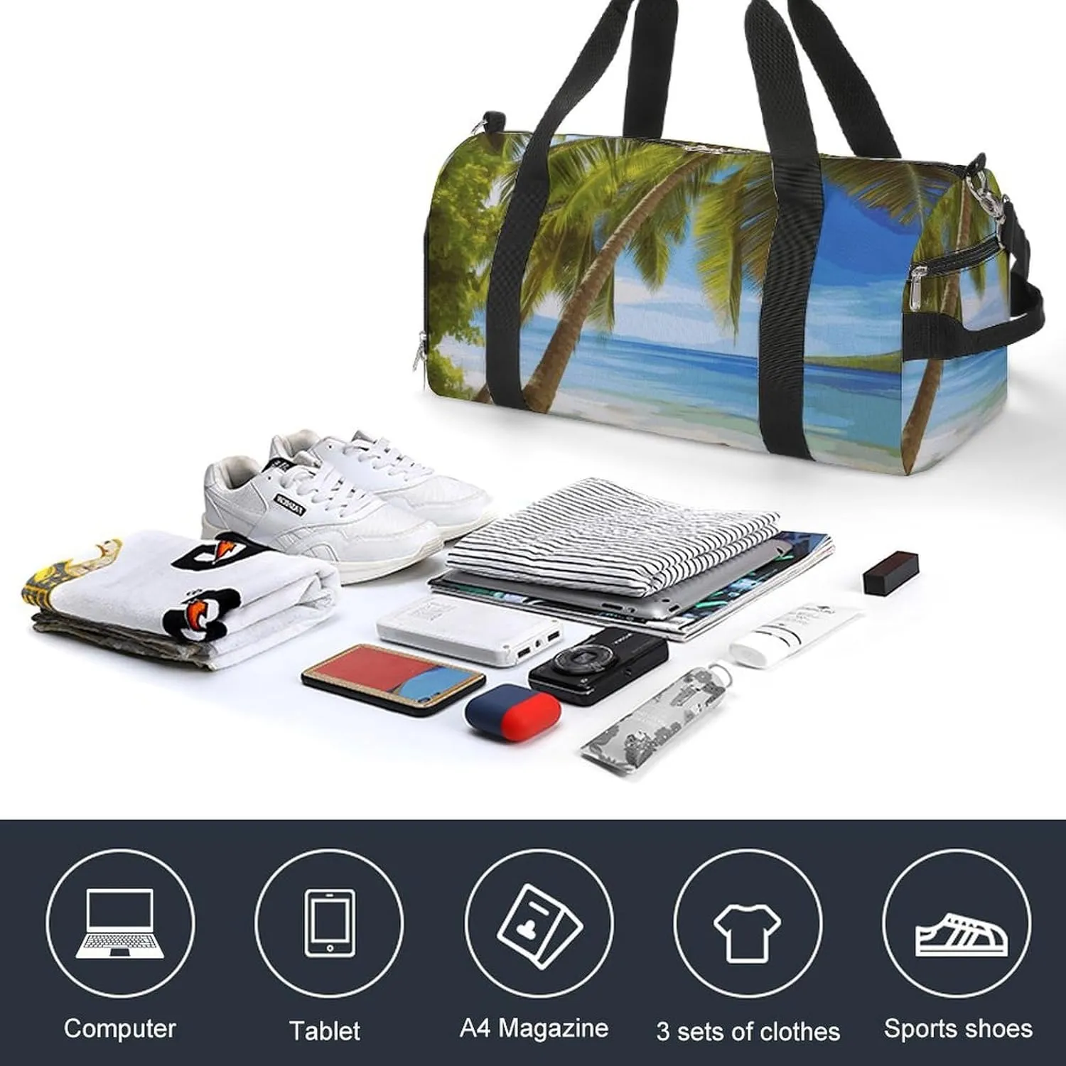 Gym Bag Green Palm Trees Ocean Duffel Bag for Men Women Overnight Bag with Shoe Compartment Workout Bags