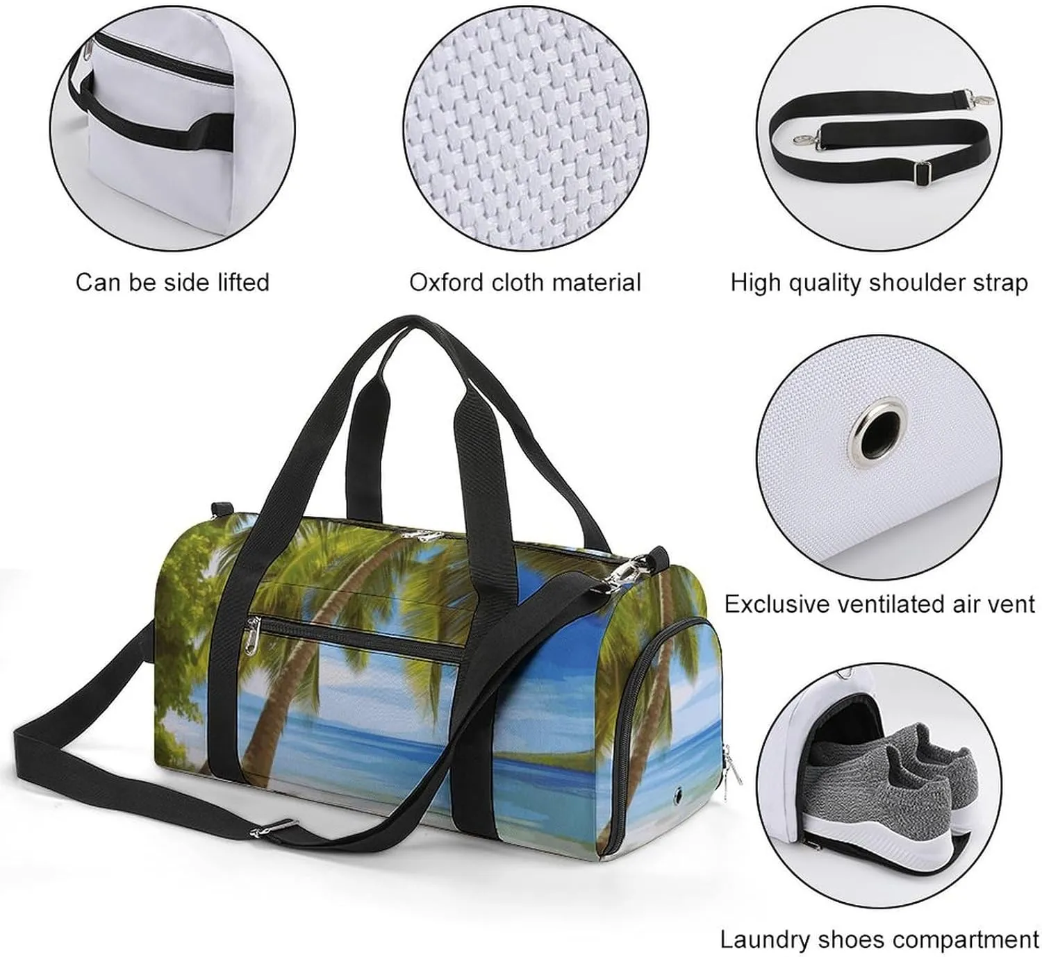 Gym Bag Green Palm Trees Ocean Duffel Bag for Men Women Overnight Bag with Shoe Compartment Workout Bags