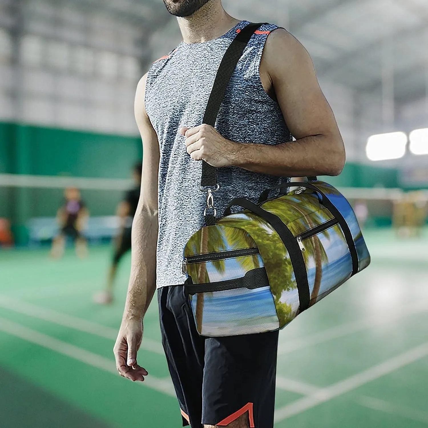 Gym Bag Green Palm Trees Ocean Duffel Bag for Men Women Overnight Bag with Shoe Compartment Workout Bags