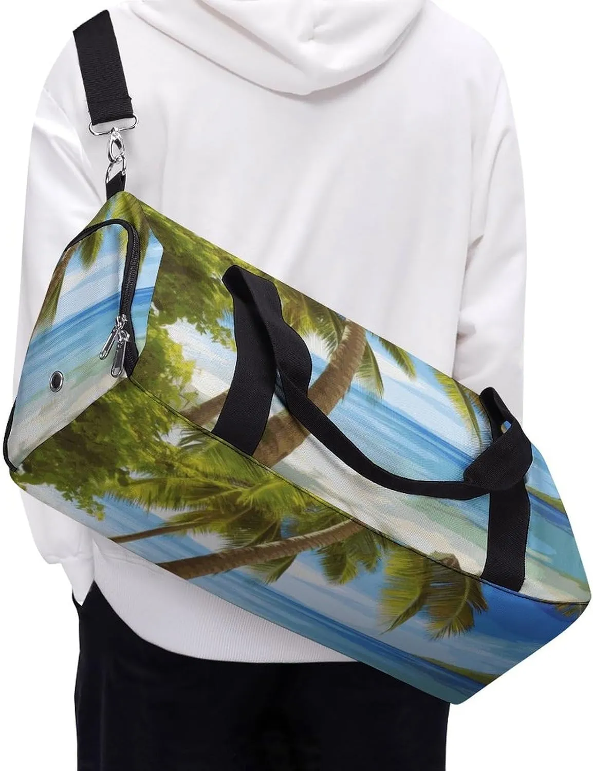 Gym Bag Green Palm Trees Ocean Duffel Bag for Men Women Overnight Bag with Shoe Compartment Workout Bags