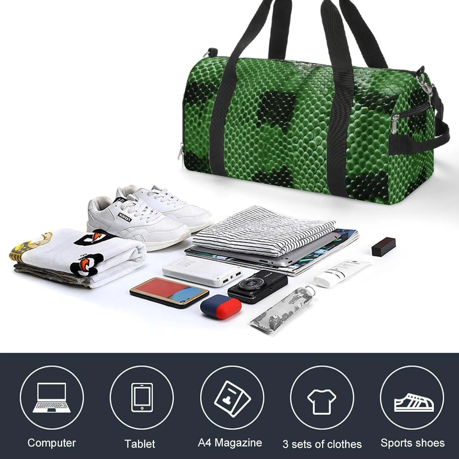 Gym Bag Green Snakeskin Duffel Bag for Men Women Overnight Bag with Shoe Compartment Workout Bags