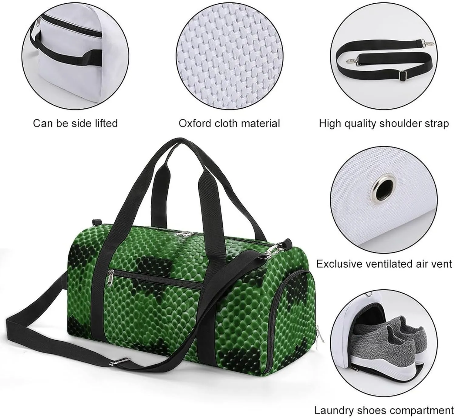 Gym Bag Green Snakeskin Duffel Bag for Men Women Overnight Bag with Shoe Compartment Workout Bags