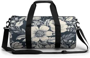 Gym Bag Hand Drawn White Flowers Duffel Bag for Men Women Overnight Bag with Shoe Compartment Workout Bags