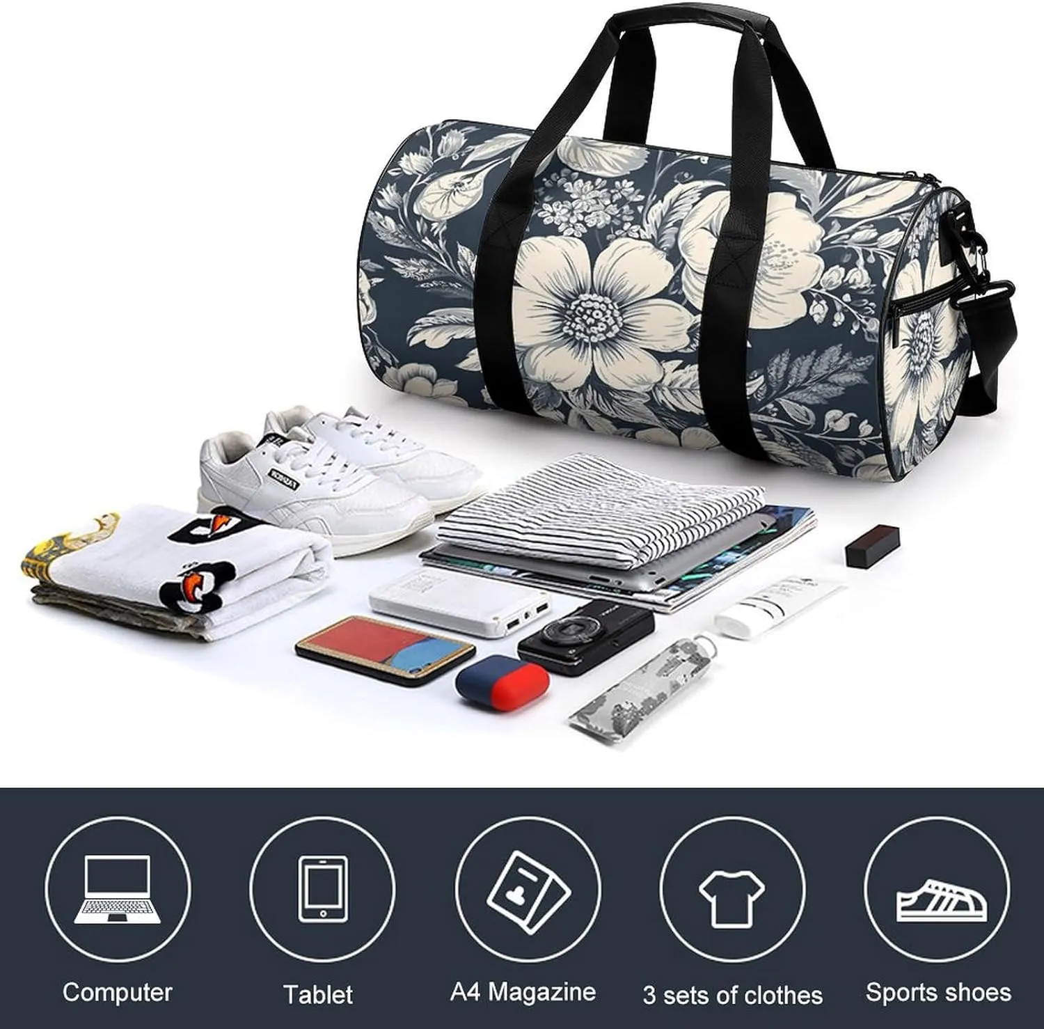 Gym Bag Hand Drawn White Flowers Duffel Bag for Men Women Overnight Bag with Shoe Compartment Workout Bags