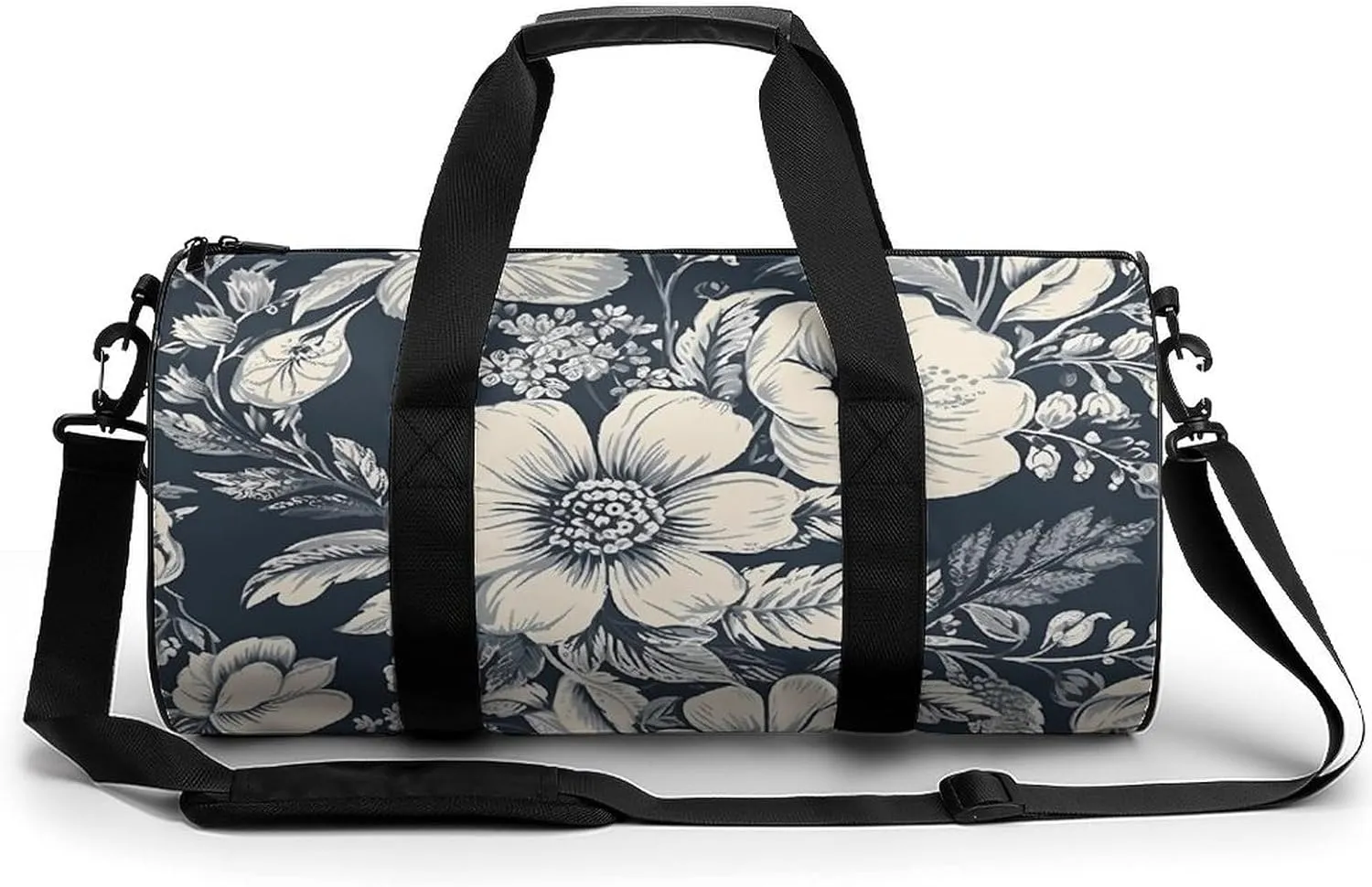 Gym Bag Hand Drawn White Flowers Duffel Bag for Men Women Overnight Bag with Shoe Compartment Workout Bags