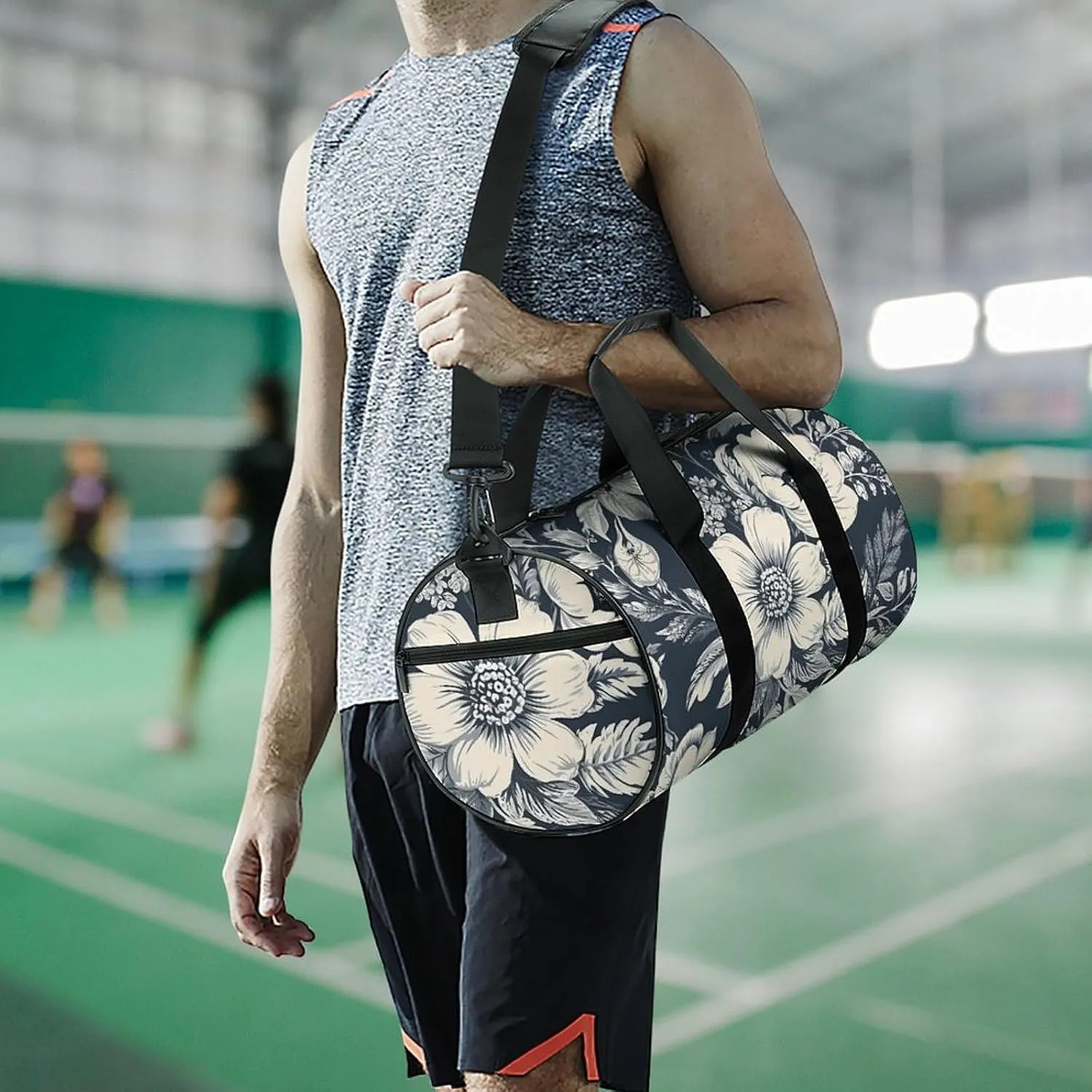 Gym Bag Hand Drawn White Flowers Duffel Bag for Men Women Overnight Bag with Shoe Compartment Workout Bags
