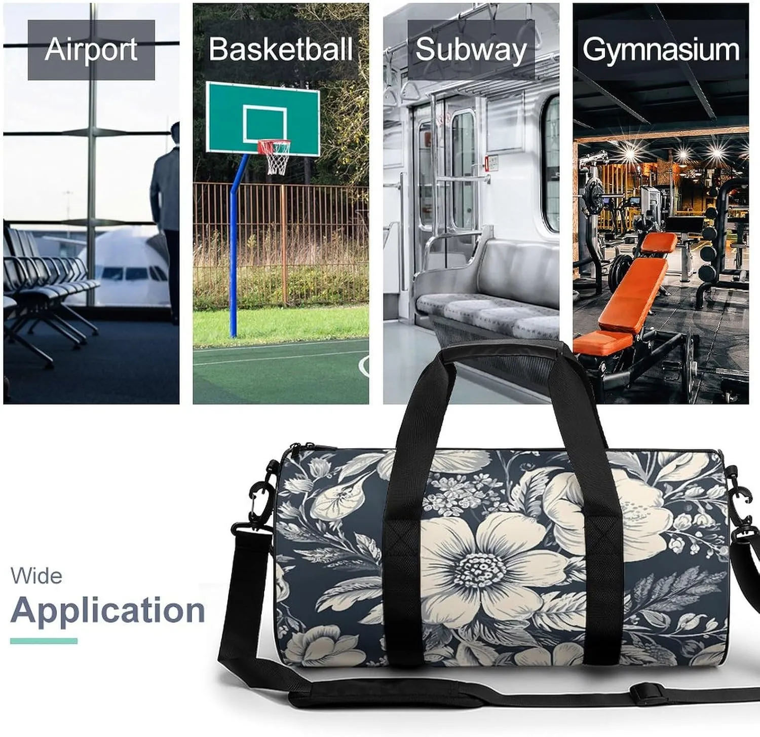 Gym Bag Hand Drawn White Flowers Duffel Bag for Men Women Overnight Bag with Shoe Compartment Workout Bags