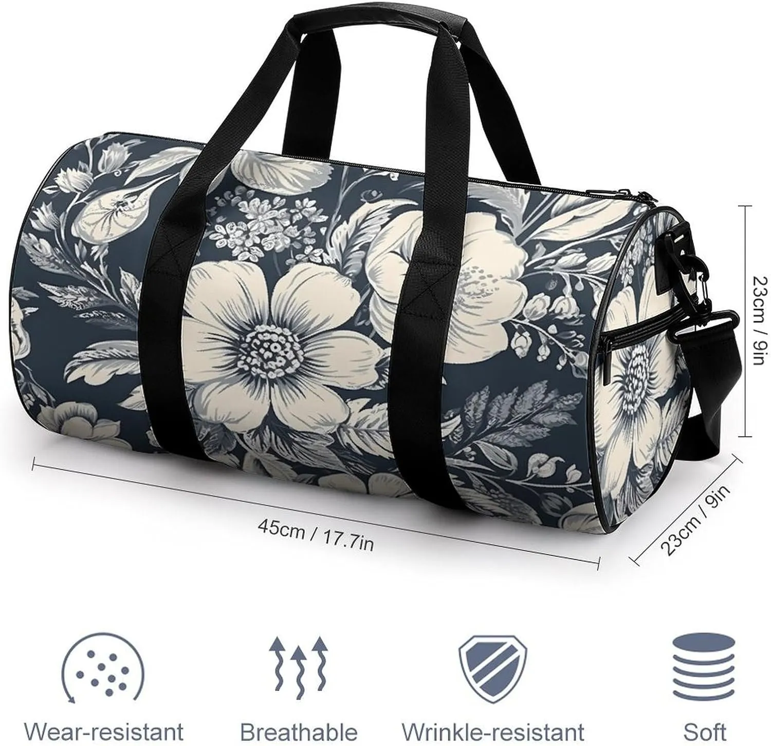 Gym Bag Hand Drawn White Flowers Duffel Bag for Men Women Overnight Bag with Shoe Compartment Workout Bags