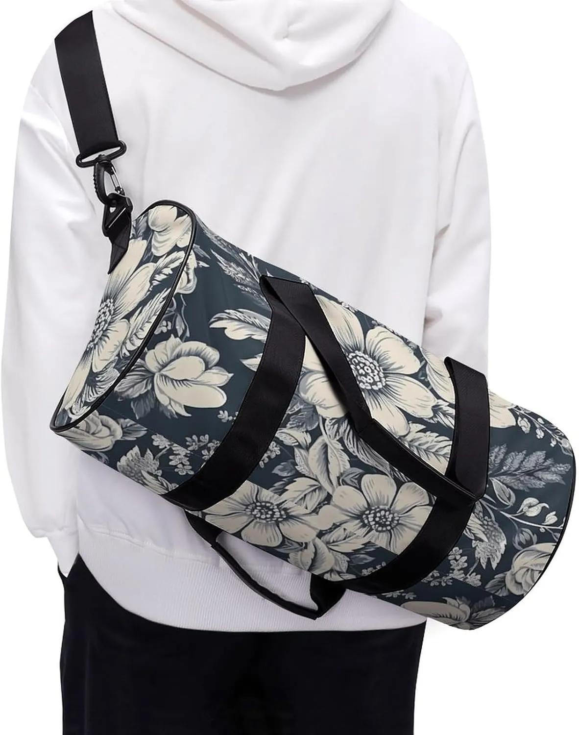 Gym Bag Hand Drawn White Flowers Duffel Bag for Men Women Overnight Bag with Shoe Compartment Workout Bags