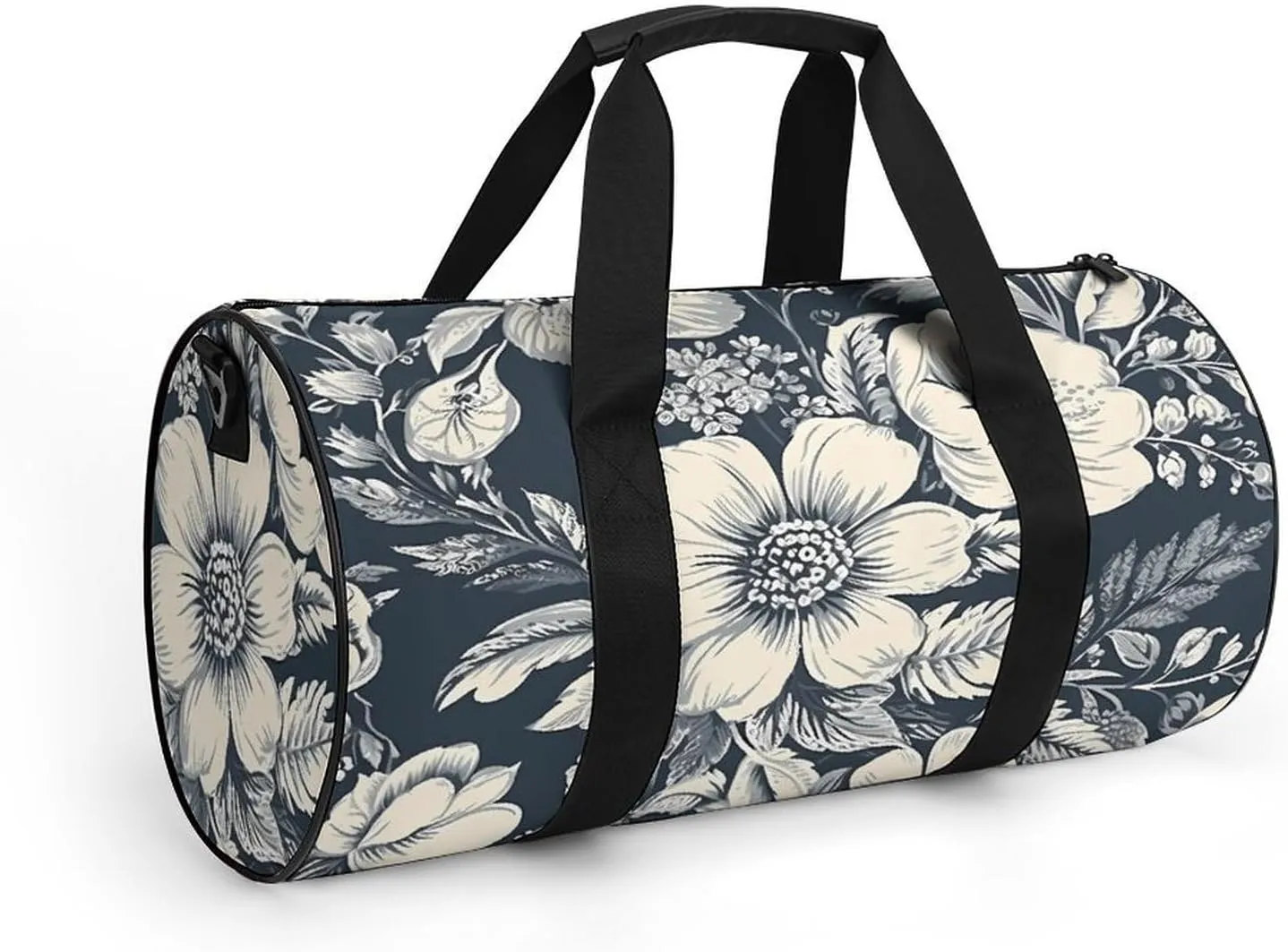 Gym Bag Hand Drawn White Flowers Duffel Bag for Men Women Overnight Bag with Shoe Compartment Workout Bags