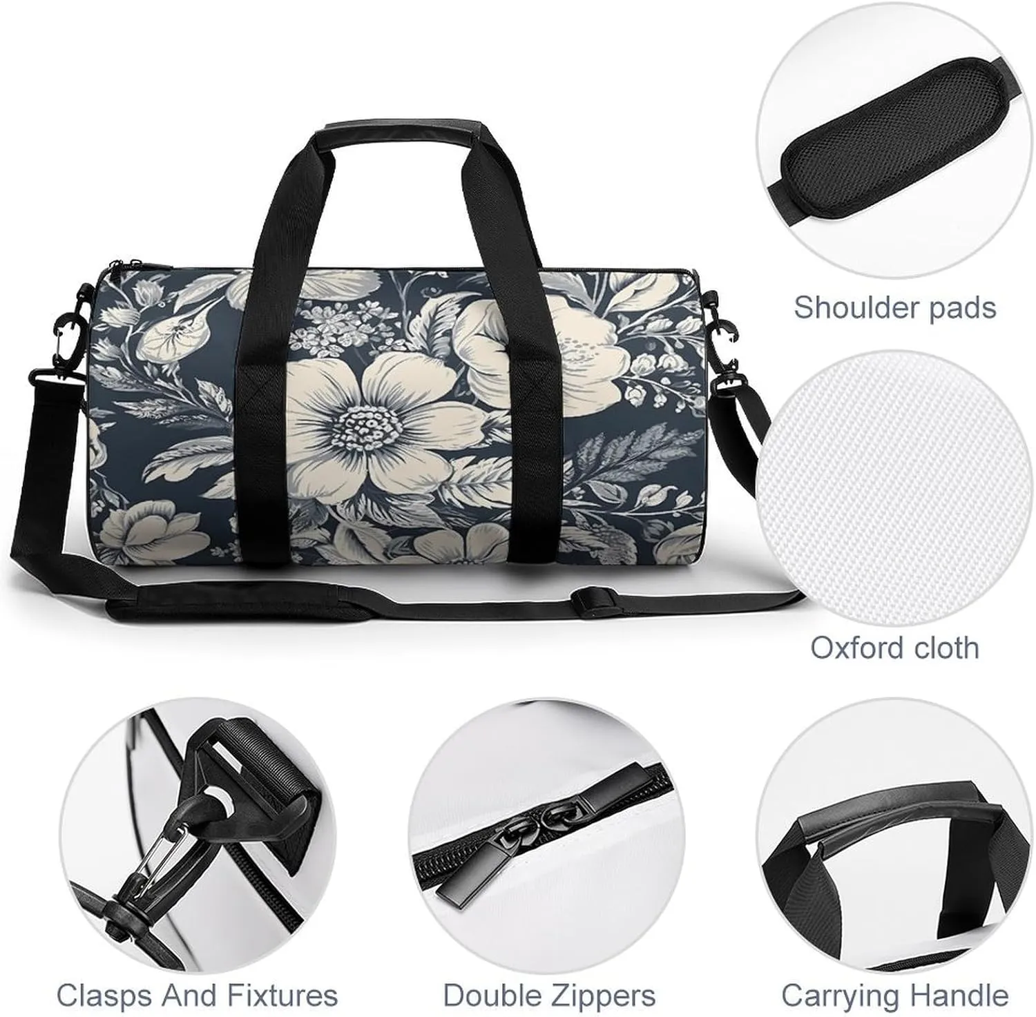 Gym Bag Hand Drawn White Flowers Duffel Bag for Men Women Overnight Bag with Shoe Compartment Workout Bags