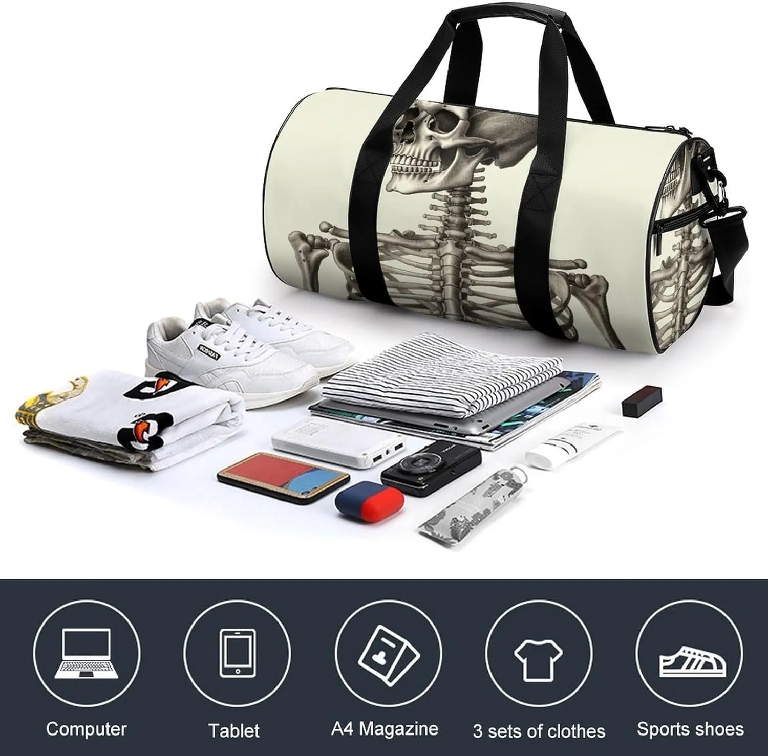 Gym Bag Human Skeleton Duffel Bag for Men Women Overnight Bag with Shoe Compartment Workout Bags