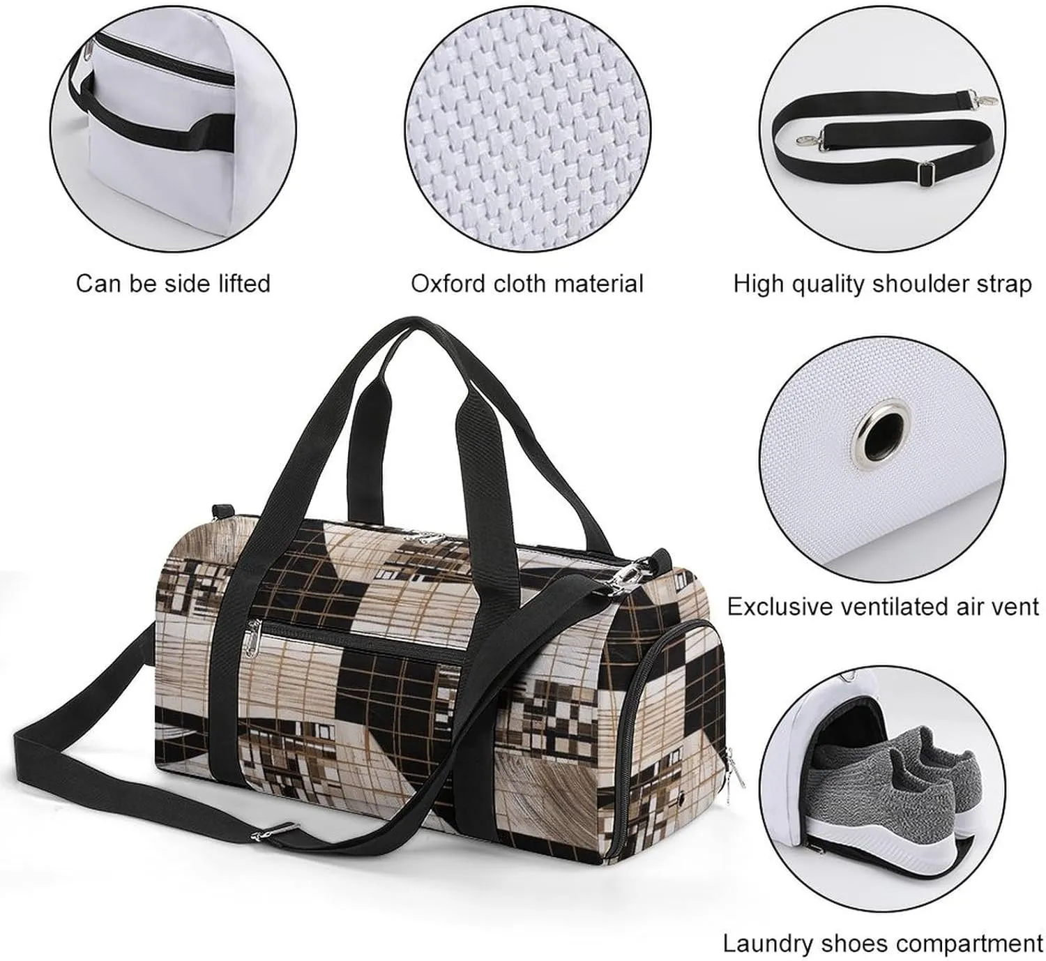 Gym Bag Lines And Squares Duffel Bag for Men Women Overnight Bag with Shoe Compartment Workout Bags