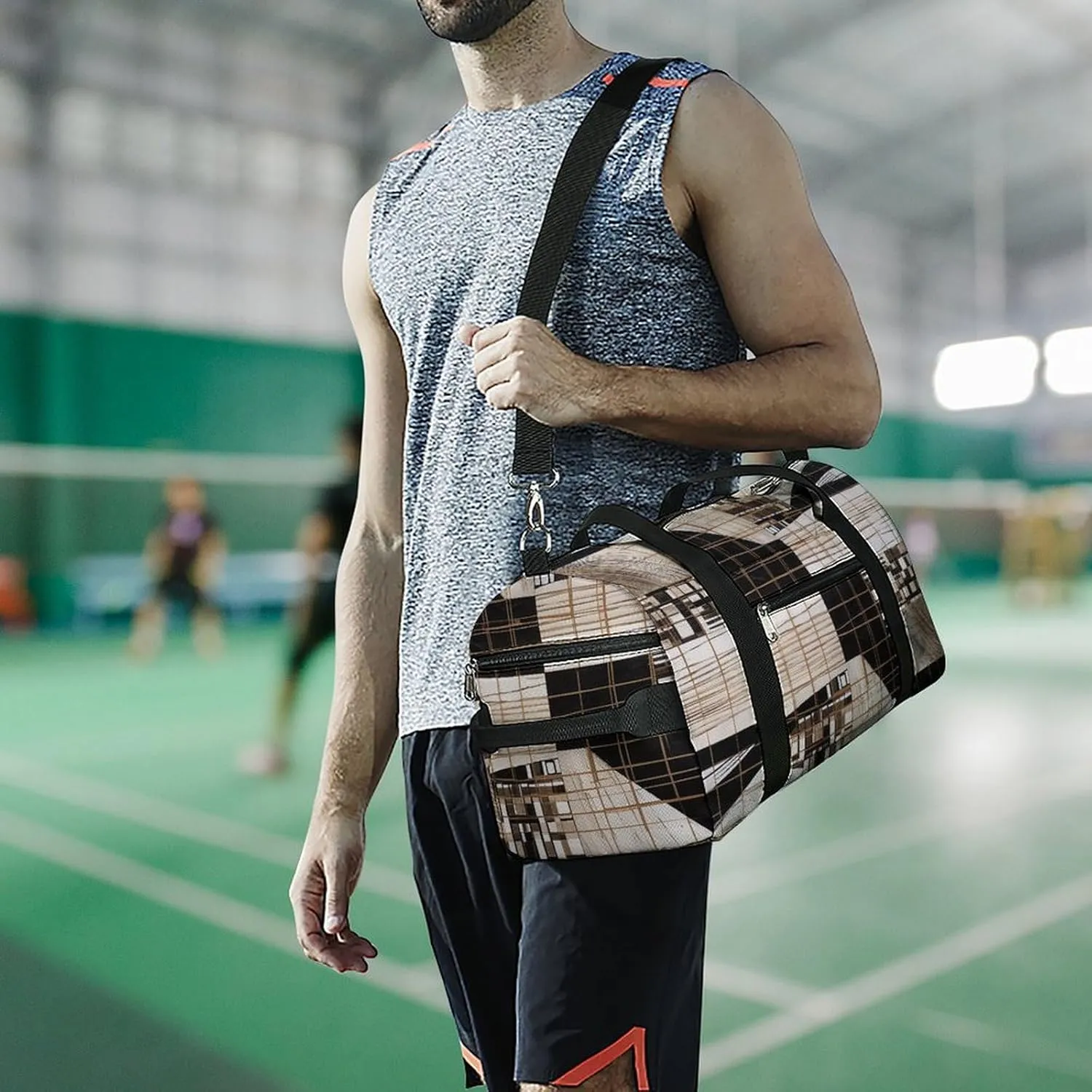 Gym Bag Lines And Squares Duffel Bag for Men Women Overnight Bag with Shoe Compartment Workout Bags