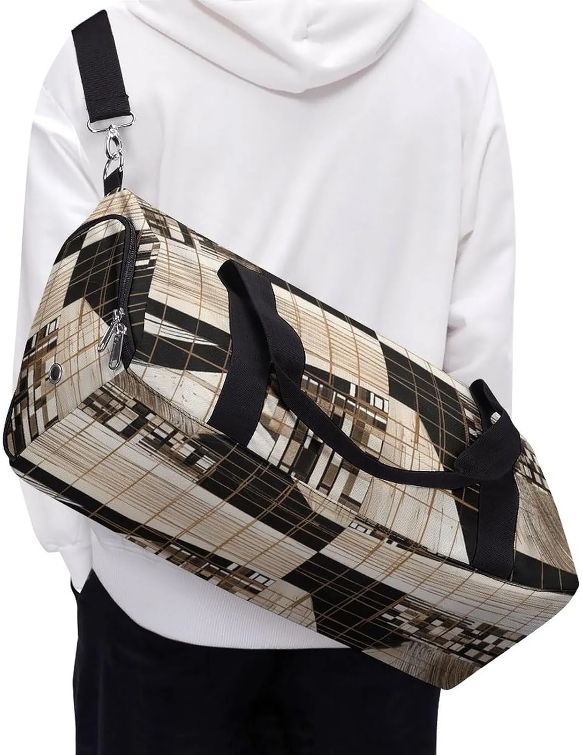 Gym Bag Lines And Squares Duffel Bag for Men Women Overnight Bag with Shoe Compartment Workout Bags