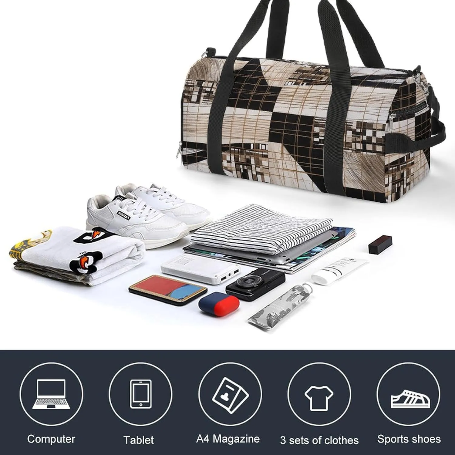 Gym Bag Lines And Squares Duffel Bag for Men Women Overnight Bag with Shoe Compartment Workout Bags