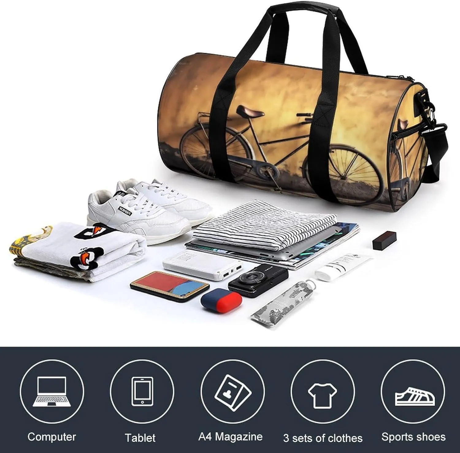 Gym Bag Old Bicycle Duffel Bag for Men Women Overnight Bag with Shoe Compartment Workout Bags
