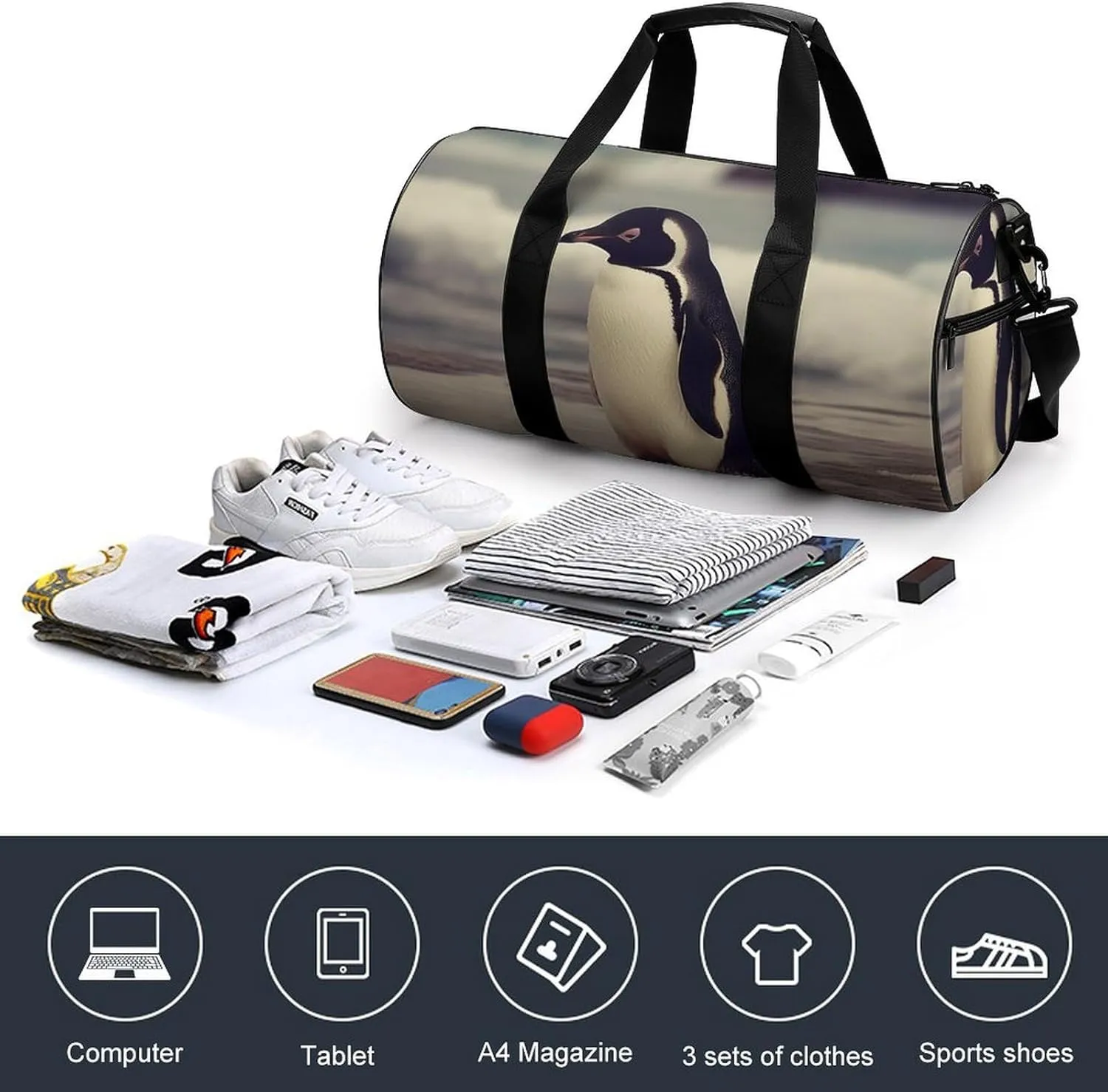 Gym Bag Penguin On The Beach Duffel Bag for Men Women Overnight Bag with Shoe Compartment Workout Bags