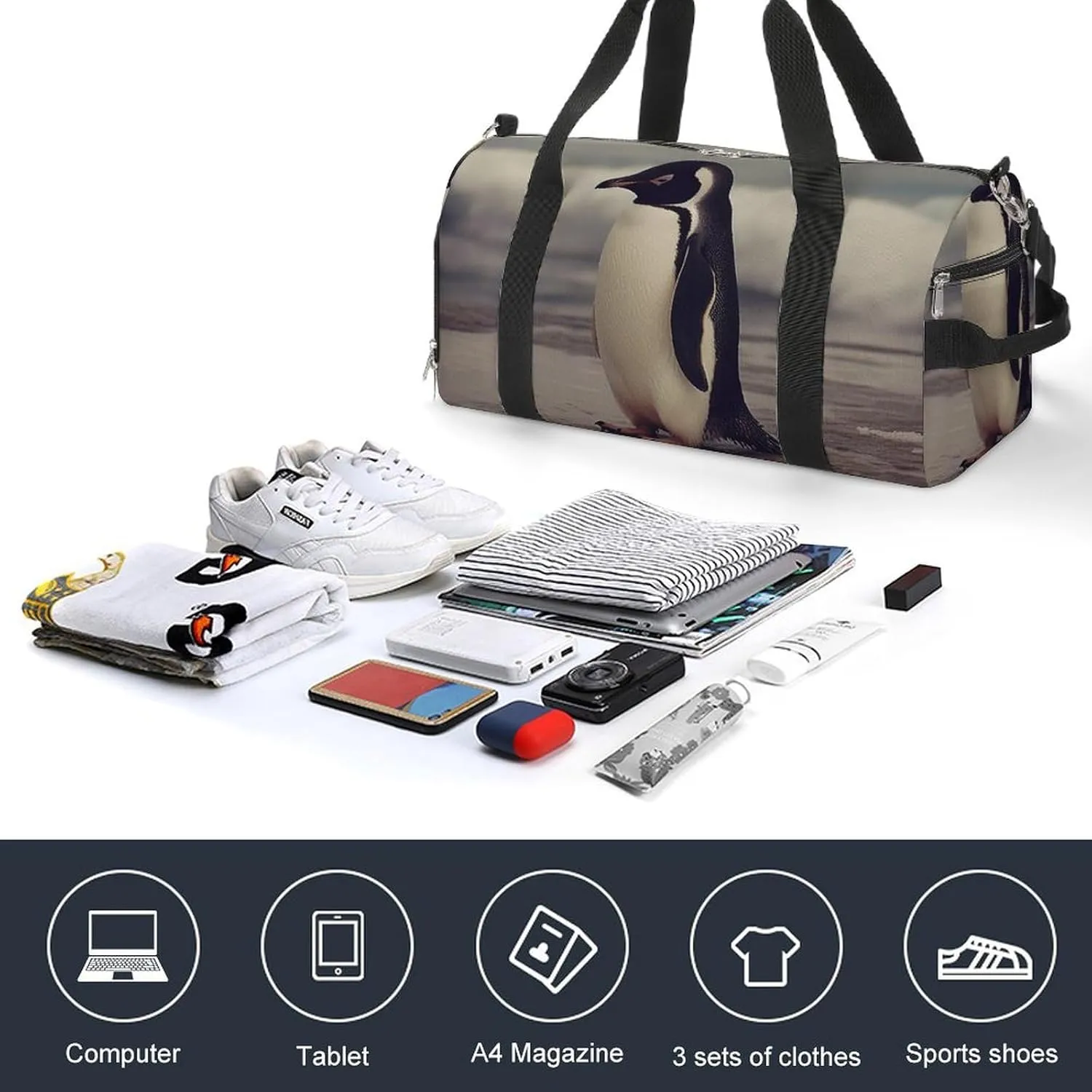 Gym Bag Penguin On The Beach Duffel Bag for Men Women Overnight Bag with Shoe Compartment Workout Bags