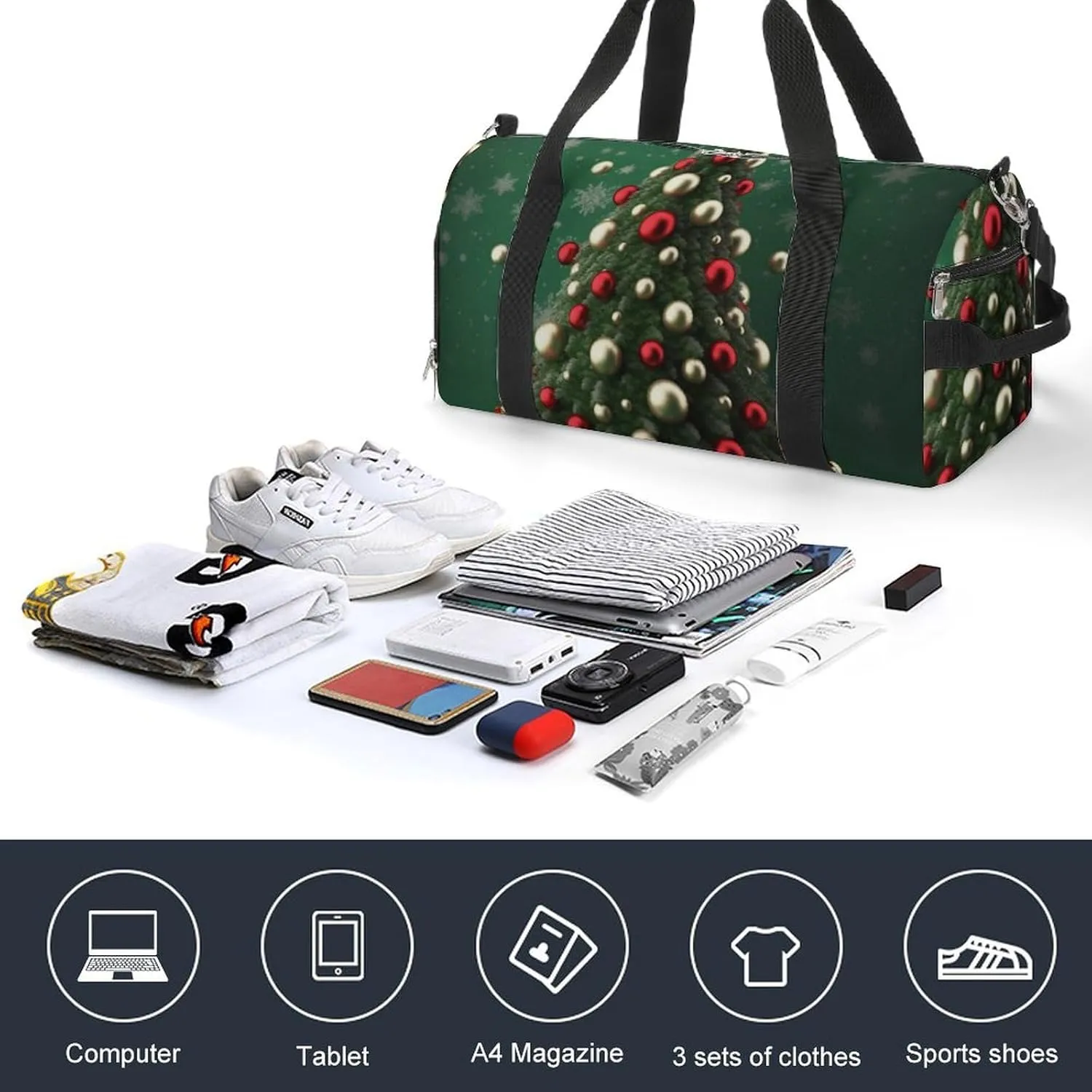 Gym Bag Round Ball Christmas Tree Duffel Bag for Men Women Overnight Bag with Shoe Compartment Workout Bags