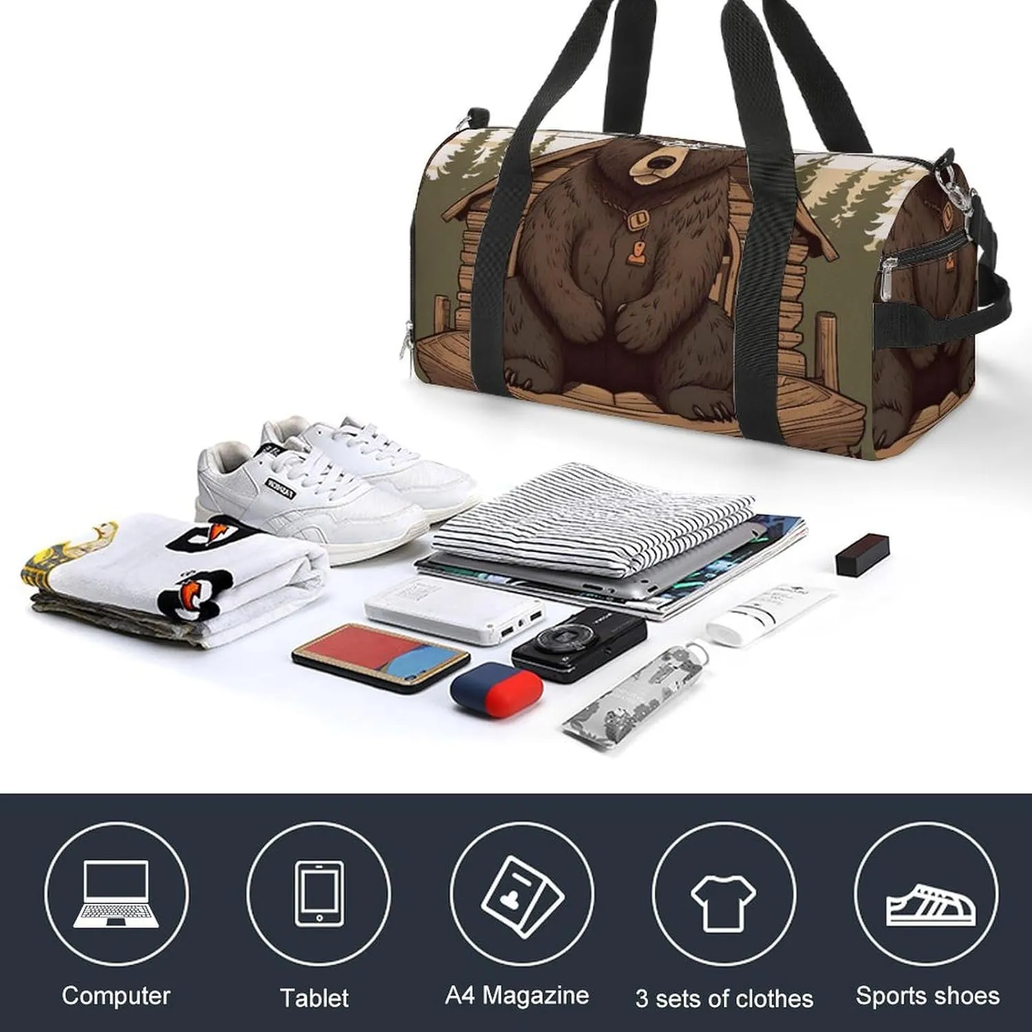 Gym Bag Rustic Lodge Bear Duffel Bag for Men Women Overnight Bag with Shoe Compartment Workout Bags