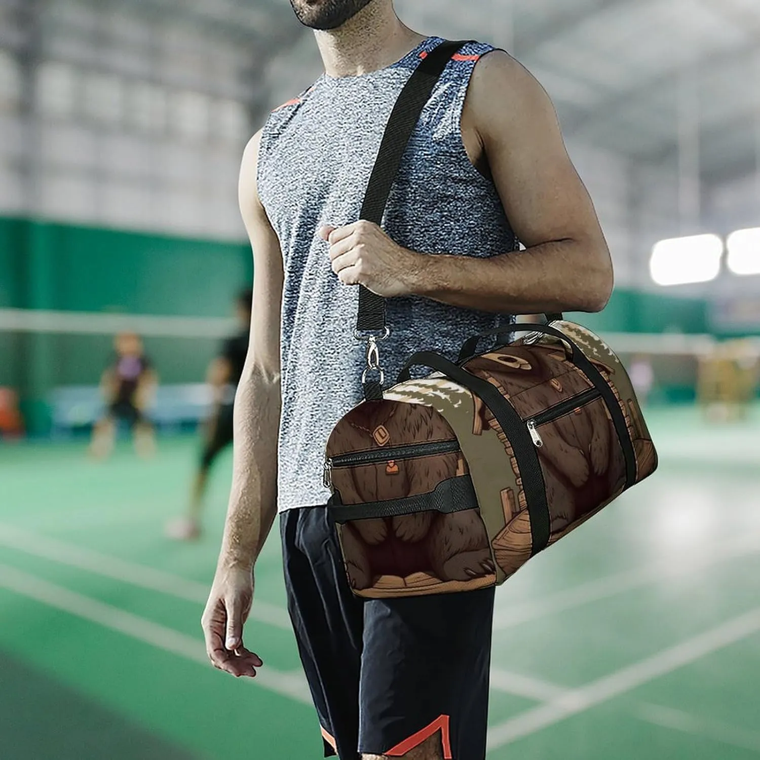 Gym Bag Rustic Lodge Bear Duffel Bag for Men Women Overnight Bag with Shoe Compartment Workout Bags