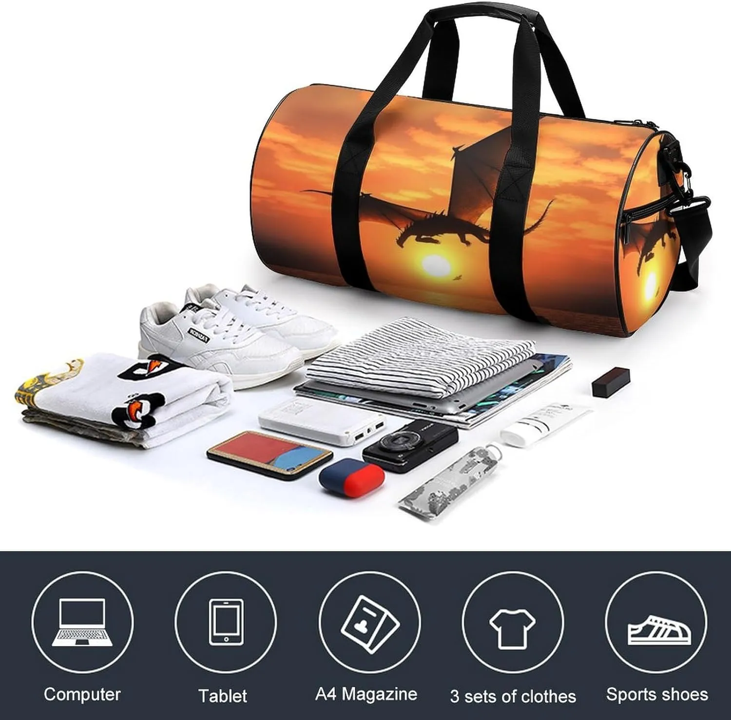 Gym Bag Sea Sunset Flying Dragon Duffel Bag for Men Women Overnight Bag with Shoe Compartment Workout Bags