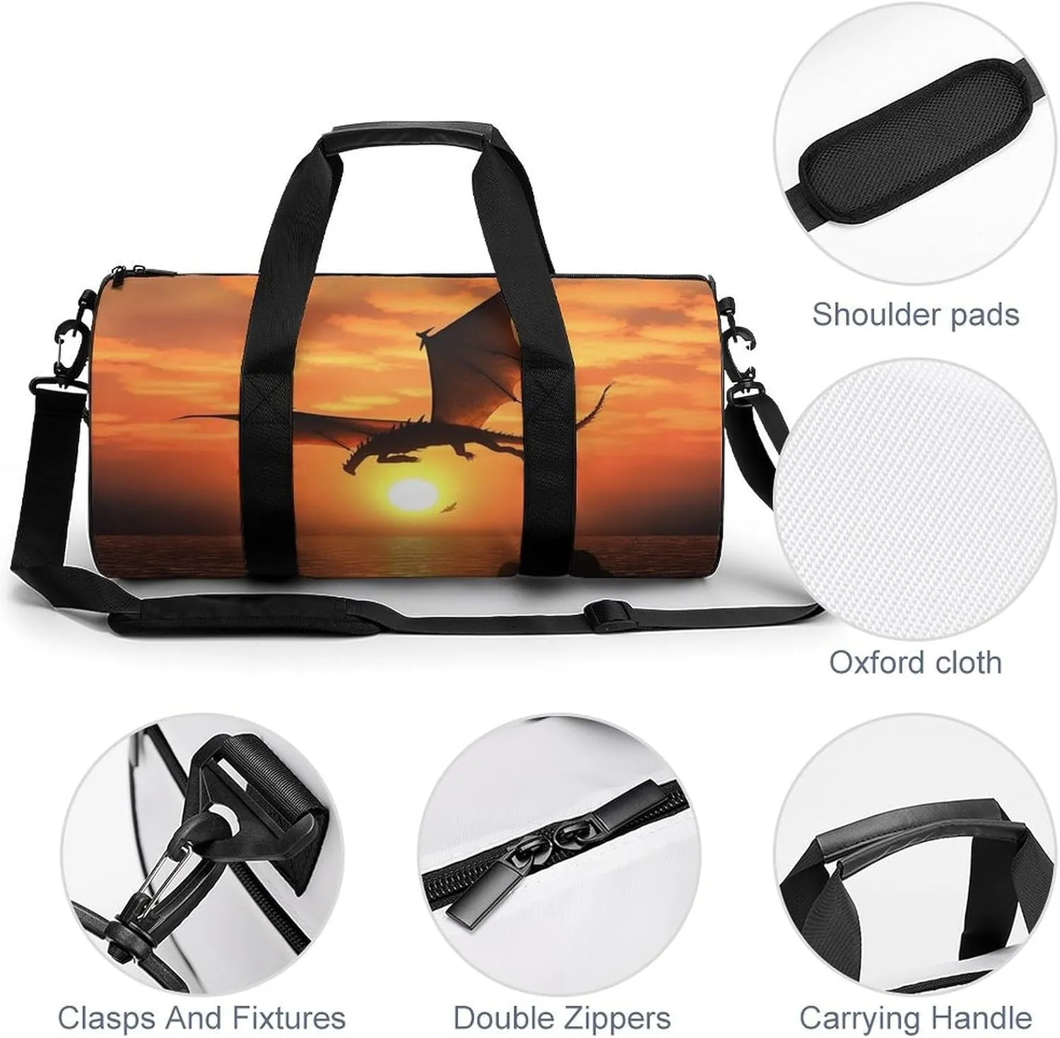 Gym Bag Sea Sunset Flying Dragon Duffel Bag for Men Women Overnight Bag with Shoe Compartment Workout Bags