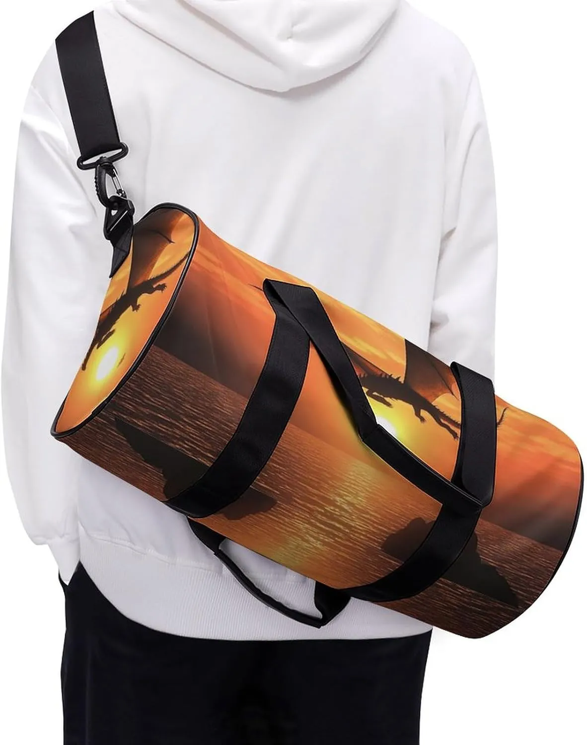 Gym Bag Sea Sunset Flying Dragon Duffel Bag for Men Women Overnight Bag with Shoe Compartment Workout Bags