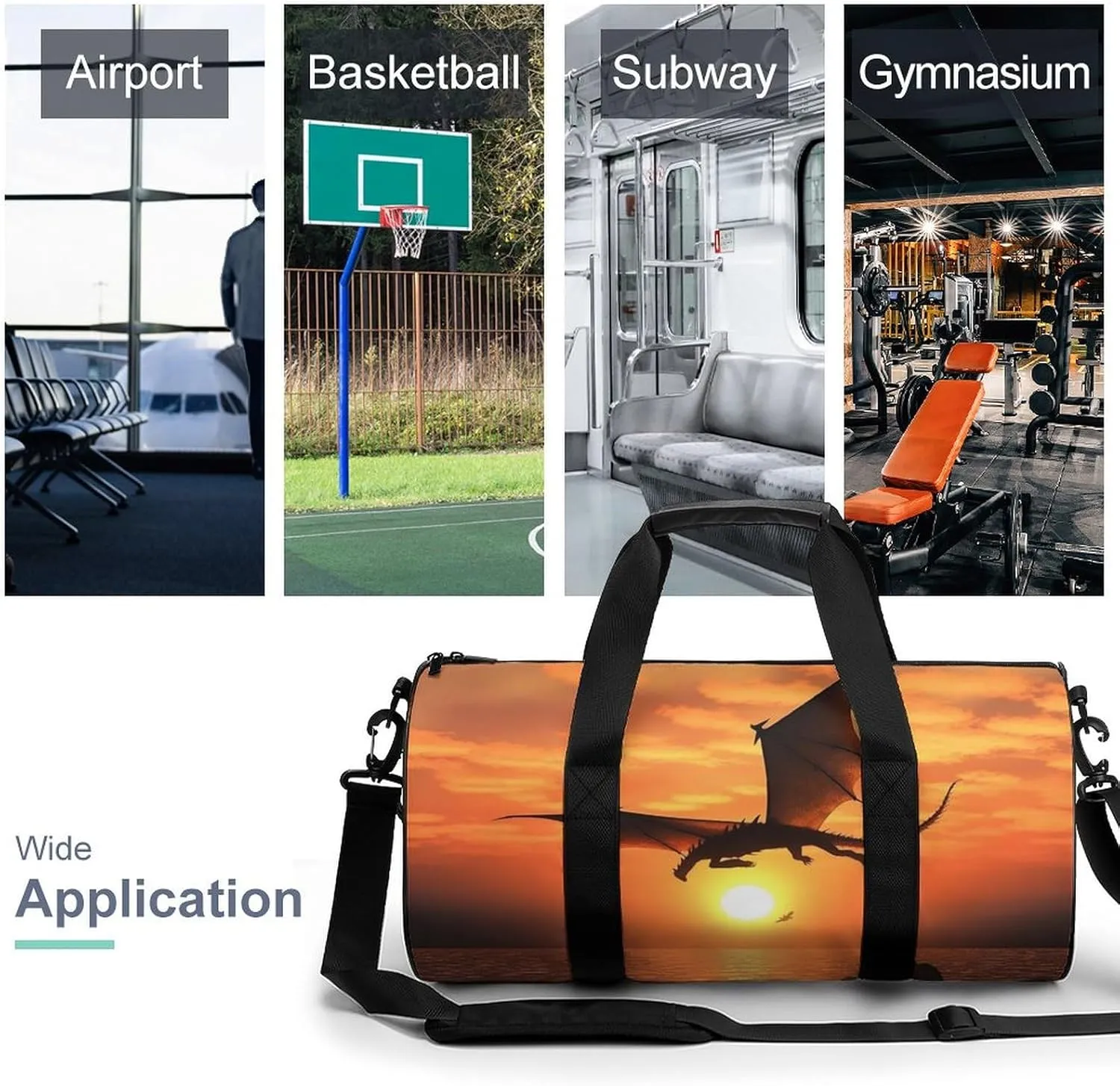 Gym Bag Sea Sunset Flying Dragon Duffel Bag for Men Women Overnight Bag with Shoe Compartment Workout Bags