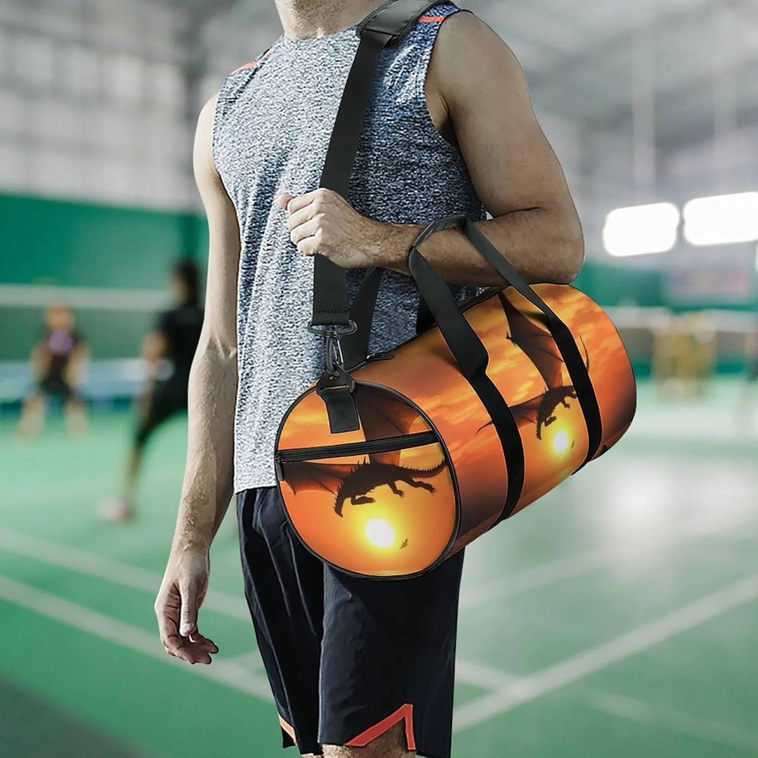 Gym Bag Sea Sunset Flying Dragon Duffel Bag for Men Women Overnight Bag with Shoe Compartment Workout Bags