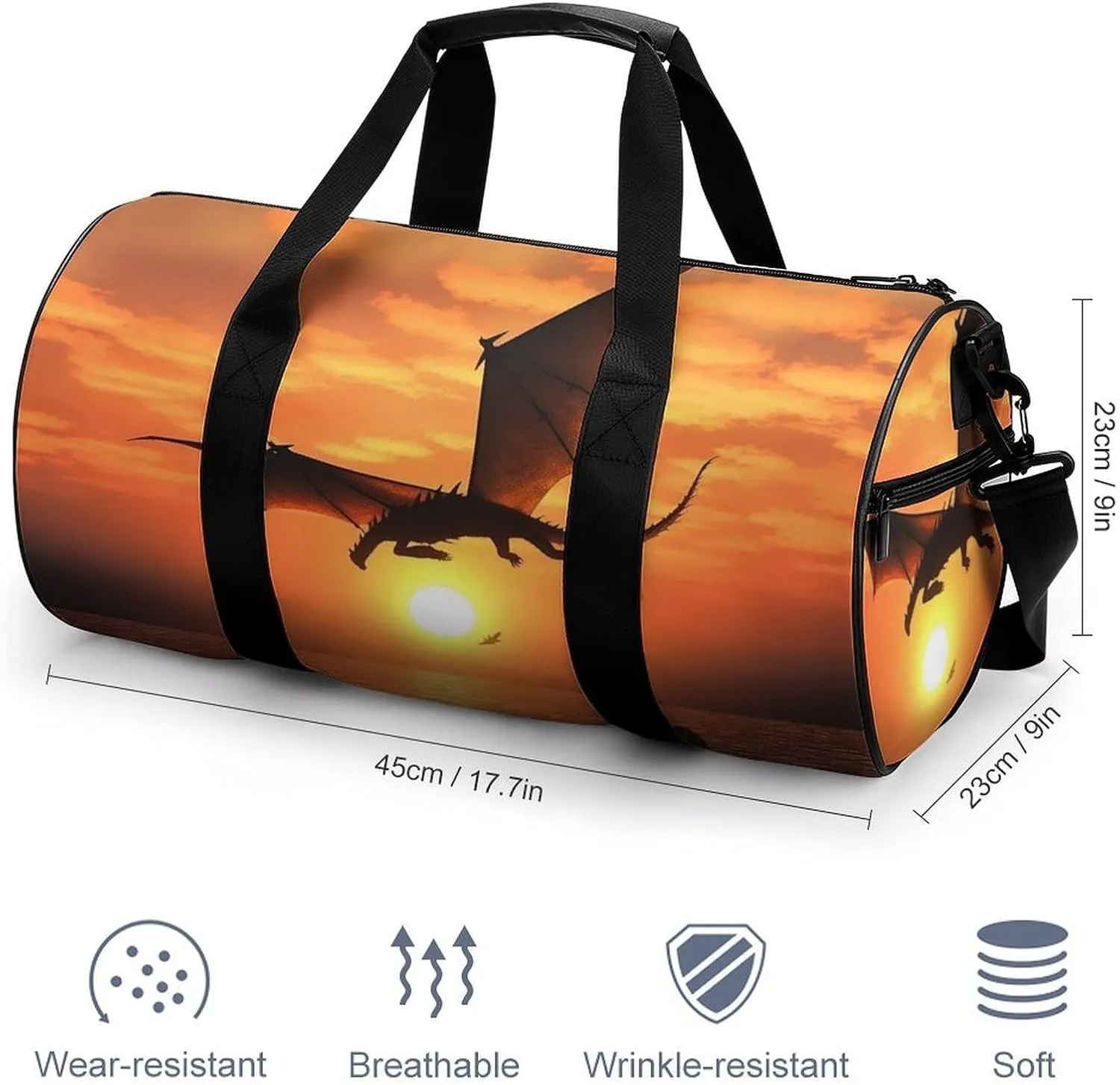 Gym Bag Sea Sunset Flying Dragon Duffel Bag for Men Women Overnight Bag with Shoe Compartment Workout Bags