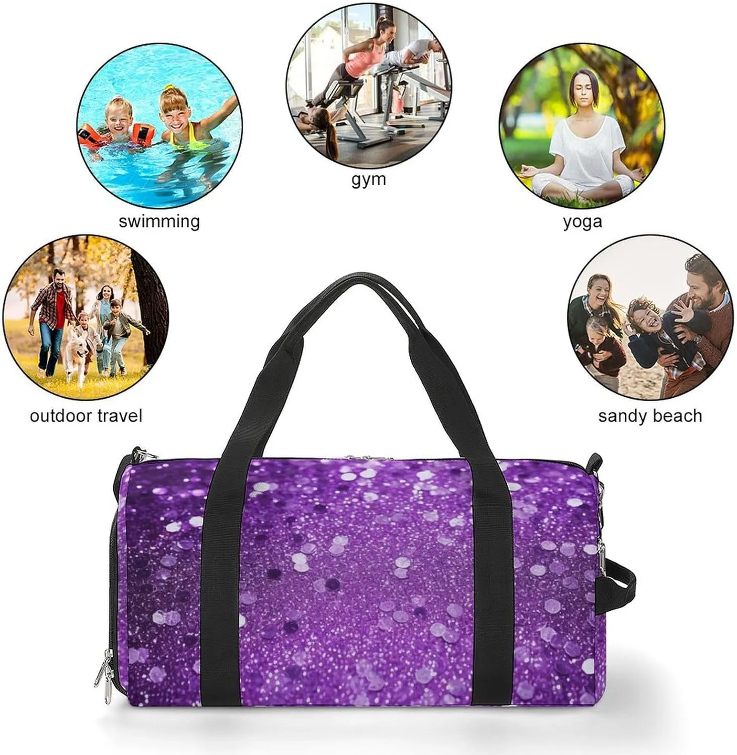 Gym Bag Sparkling Purple Glitter Duffel Bag for Men Women Overnight Bag with Shoe Compartment Workout Bags
