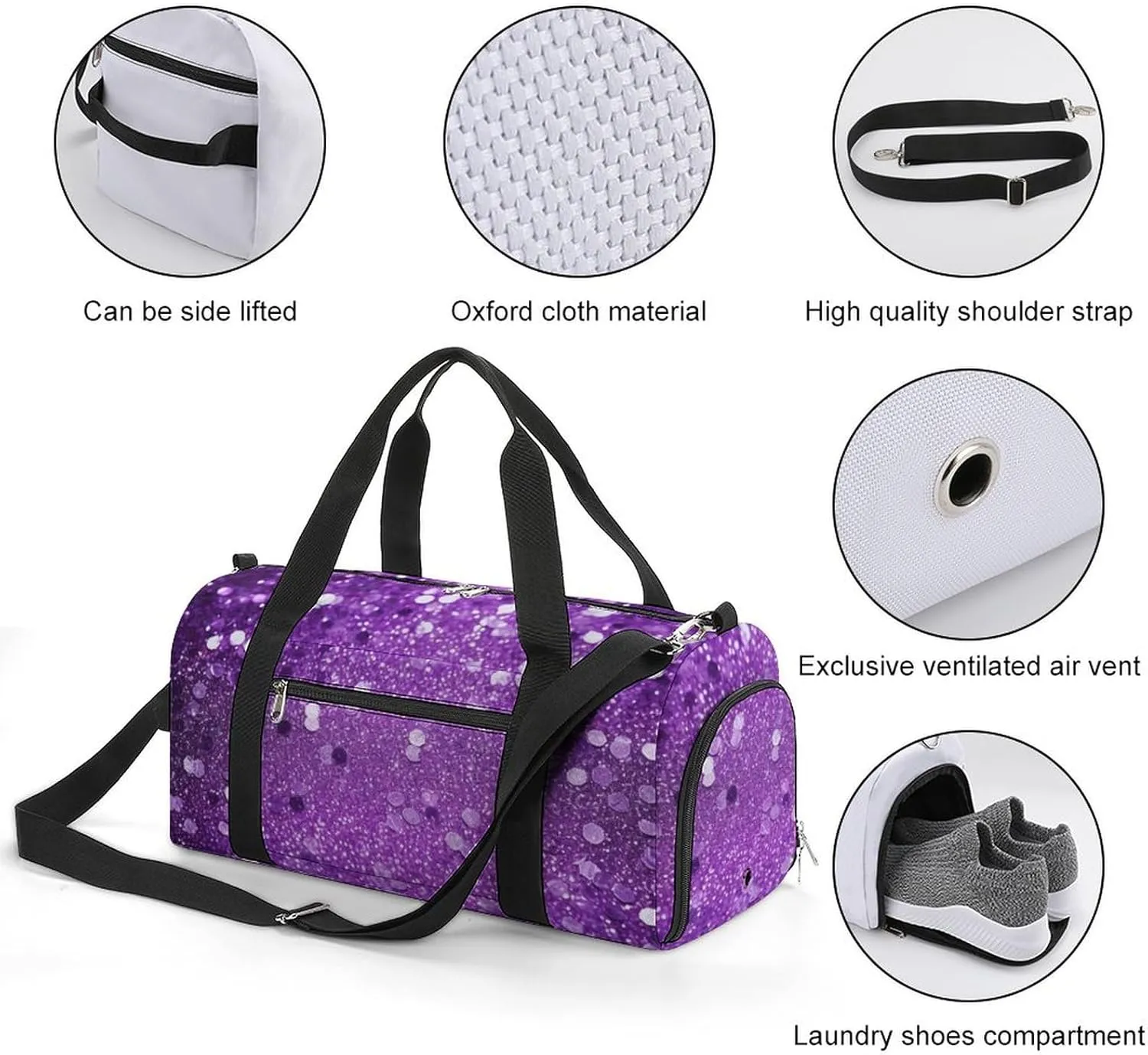 Gym Bag Sparkling Purple Glitter Duffel Bag for Men Women Overnight Bag with Shoe Compartment Workout Bags
