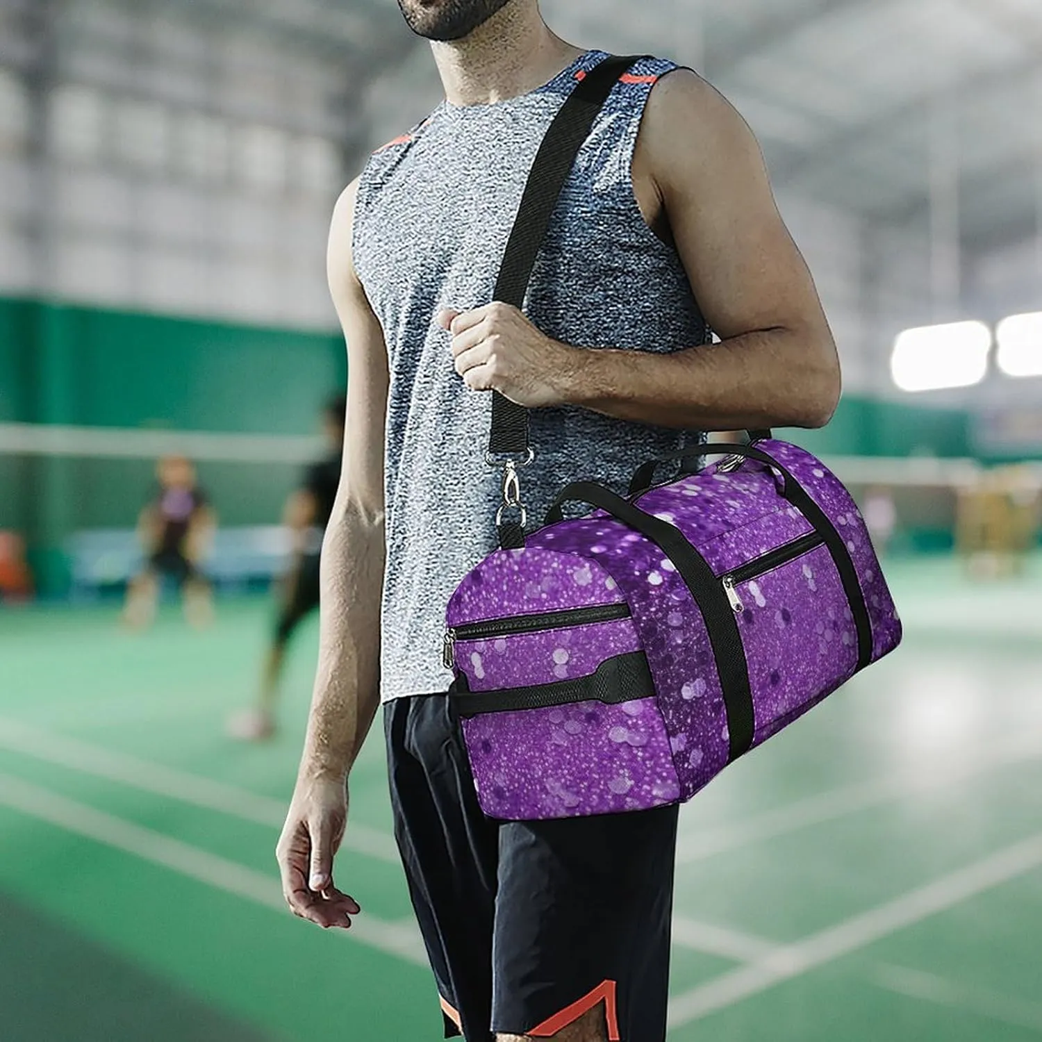 Gym Bag Sparkling Purple Glitter Duffel Bag for Men Women Overnight Bag with Shoe Compartment Workout Bags