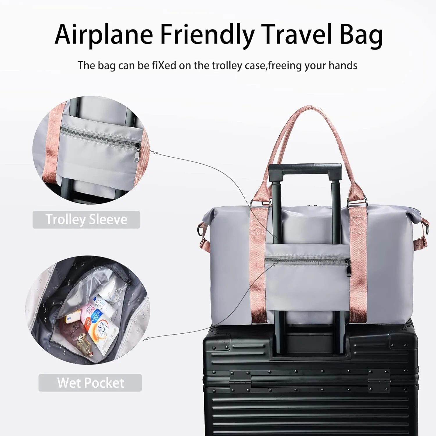 Gym Bag with Wet Pocket, Foldable Travel Duffle Bag Carry On Weekender Bags for Women, Waterproof Overnight Bag for Travel, Gym, Yoga