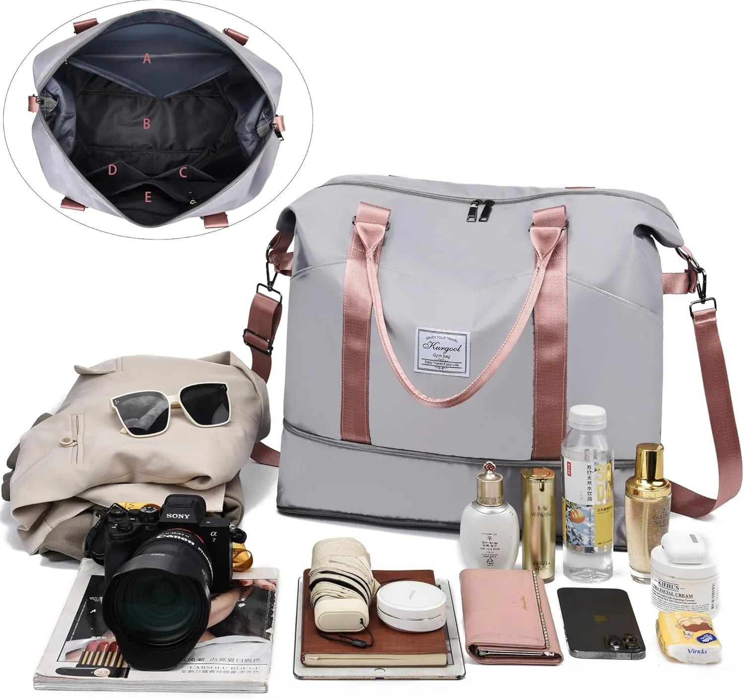 Gym Bag with Wet Pocket, Foldable Travel Duffle Bag Carry On Weekender Bags for Women, Waterproof Overnight Bag for Travel, Gym, Yoga