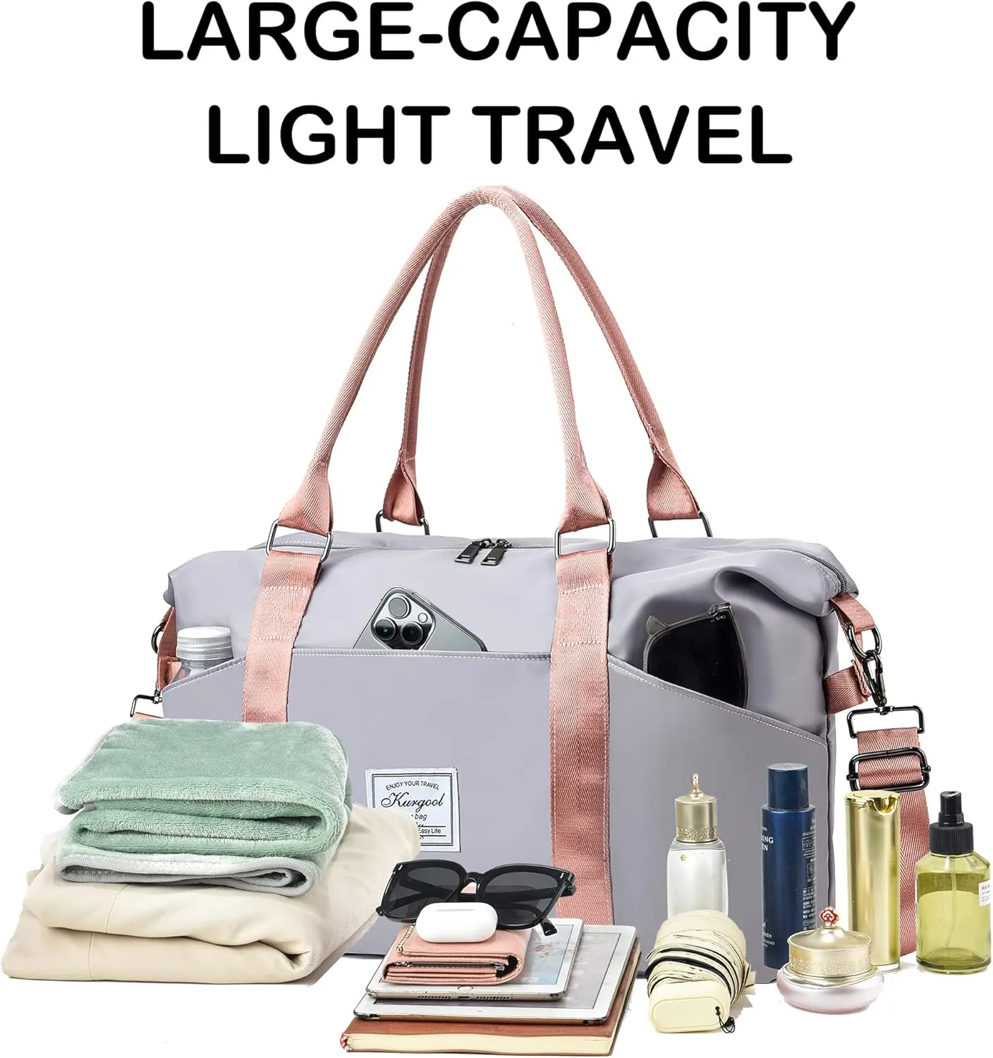 Gym Bag with Wet Pocket, Foldable Travel Duffle Bag Carry On Weekender Bags for Women, Waterproof Overnight Bag for Travel, Gym, Yoga