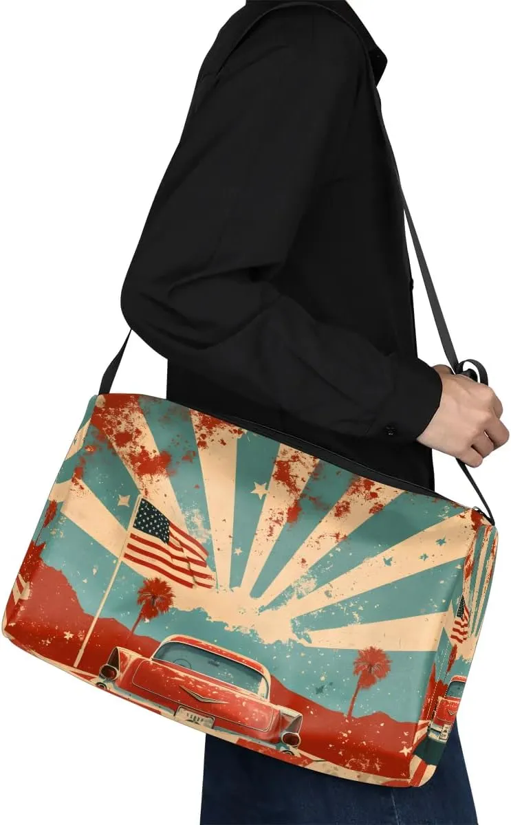 Gym Bags for Men 14.8 Inch Lightweight Carry On Bags for Airplanes Waterproof Duffle Bag for Travel, America Car Cool Pattern