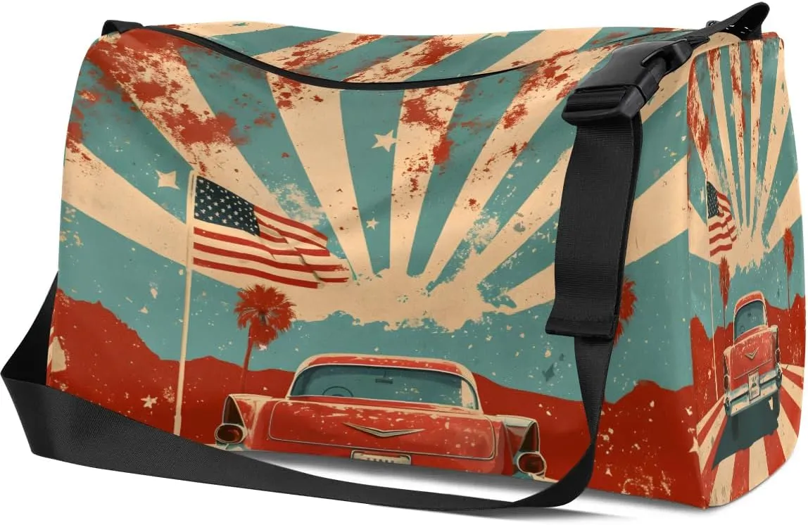 Gym Bags for Men 14.8 Inch Lightweight Carry On Bags for Airplanes Waterproof Duffle Bag for Travel, America Car Cool Pattern