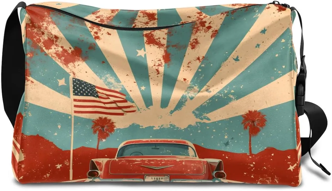 Gym Bags for Men 14.8 Inch Lightweight Carry On Bags for Airplanes Waterproof Duffle Bag for Travel, America Car Cool Pattern