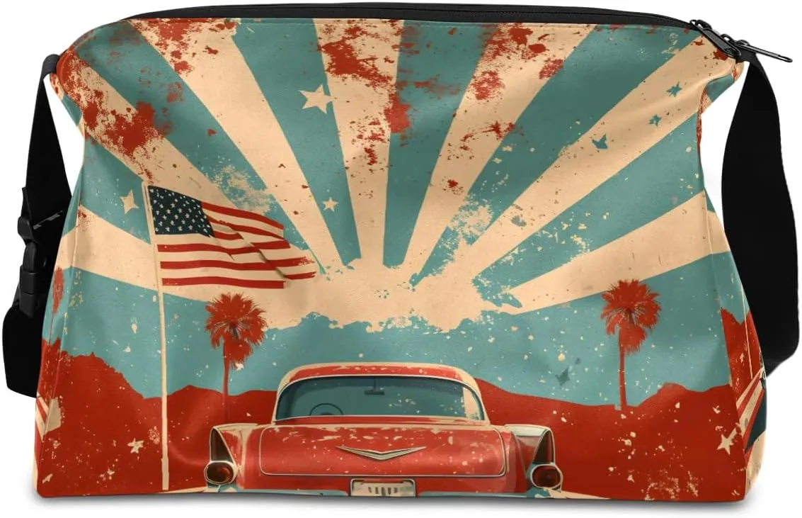 Gym Bags for Men 14.8 Inch Lightweight Carry On Bags for Airplanes Waterproof Duffle Bag for Travel, America Car Cool Pattern