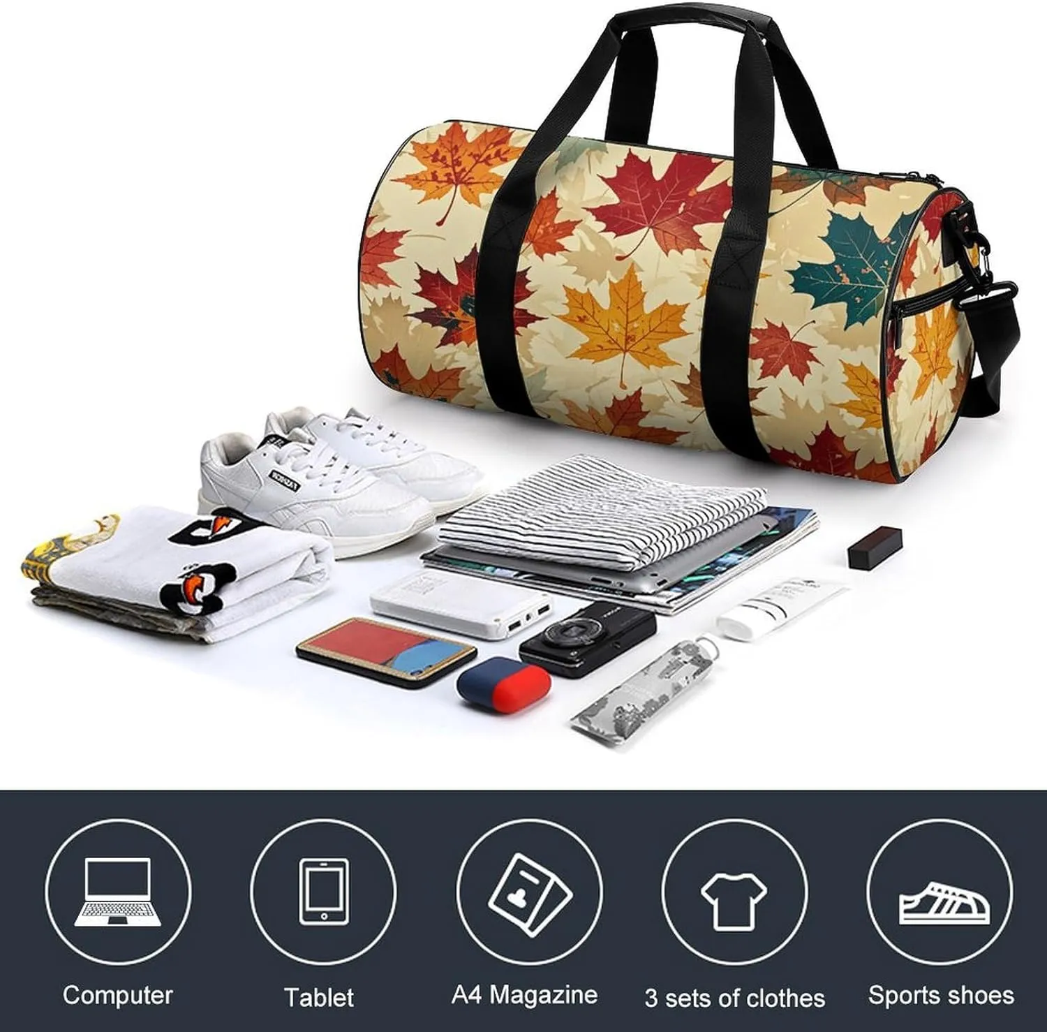 Gym Bags for Men Women Autumn Maple Duffle Bag Travel Overnight Bag with Shoe Compartment Tote Bags