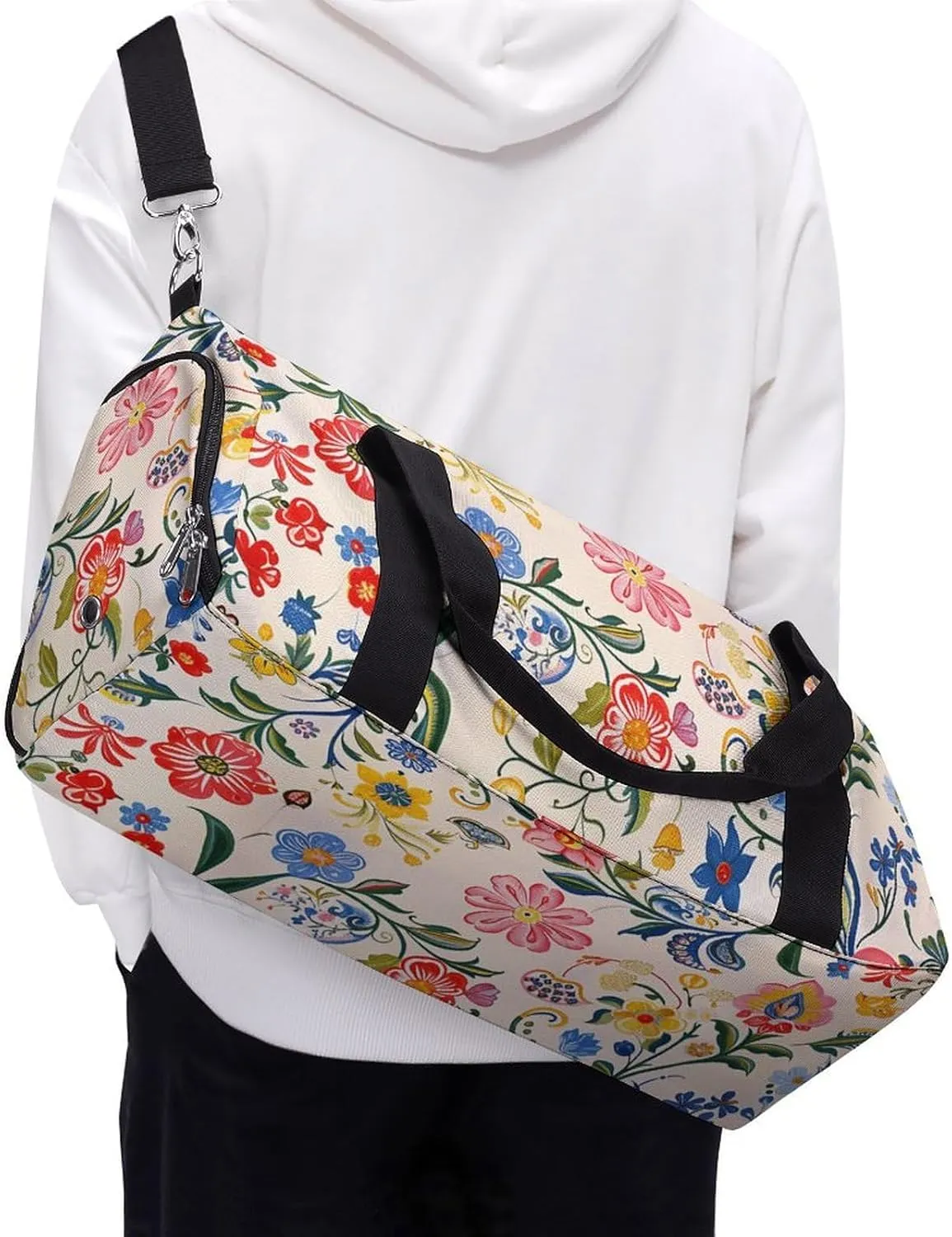 Gym Bags for Men Women Bright White Flowers Duffle Bag Travel Overnight Bag with Shoe Compartment Tote Bags