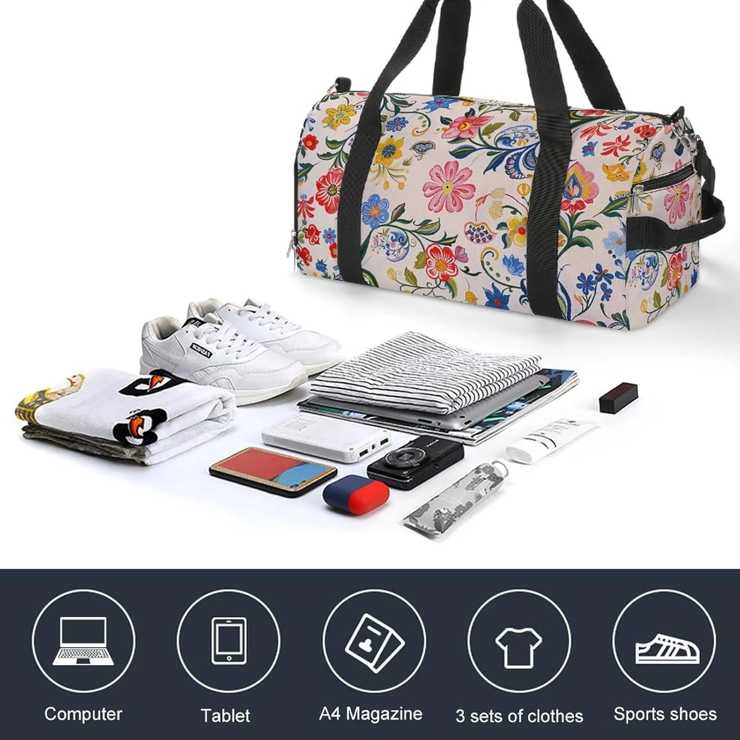 Gym Bags for Men Women Bright White Flowers Duffle Bag Travel Overnight Bag with Shoe Compartment Tote Bags