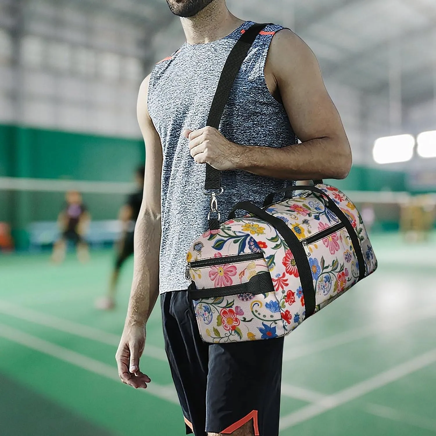 Gym Bags for Men Women Bright White Flowers Duffle Bag Travel Overnight Bag with Shoe Compartment Tote Bags