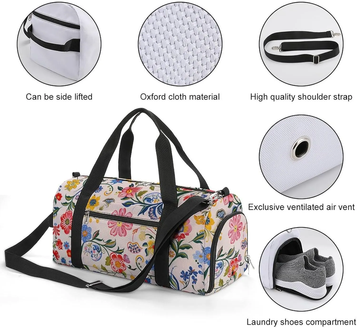 Gym Bags for Men Women Bright White Flowers Duffle Bag Travel Overnight Bag with Shoe Compartment Tote Bags