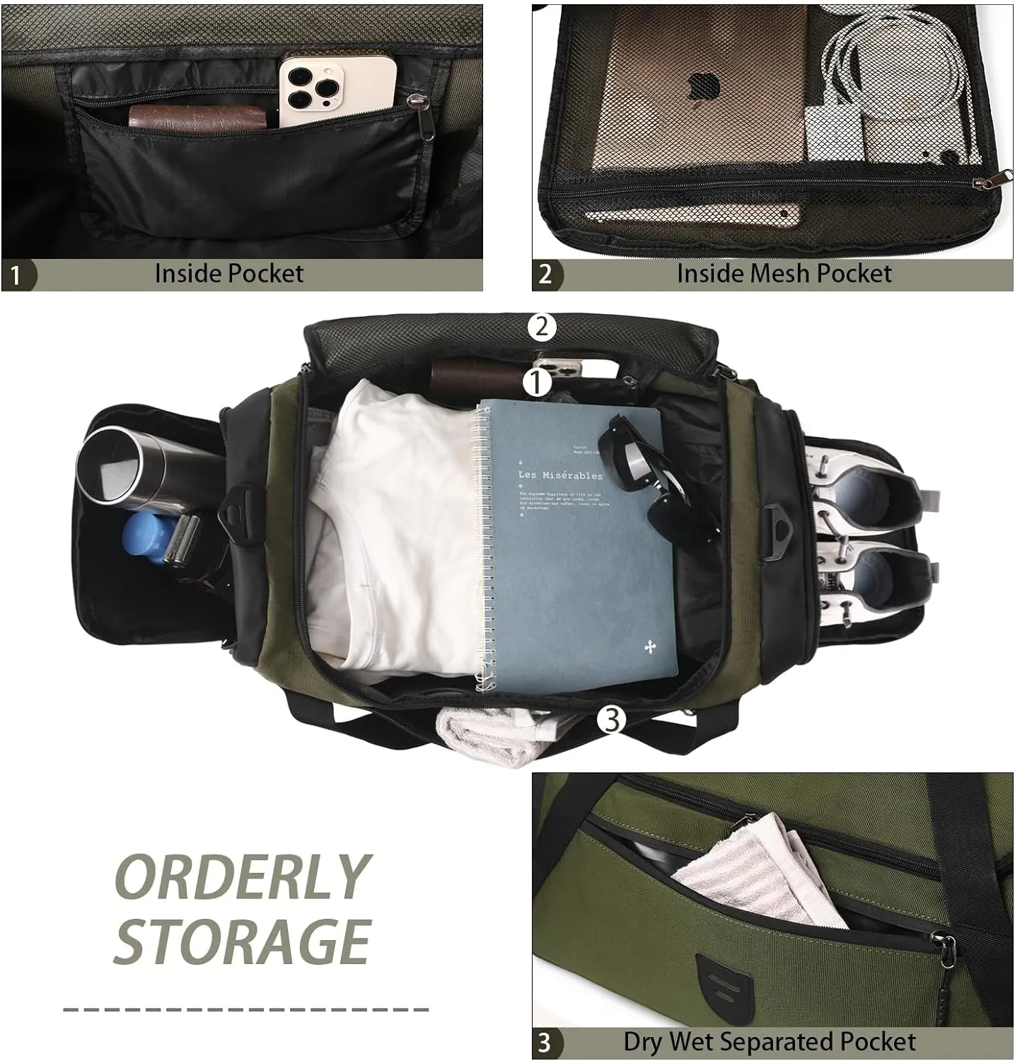 Gym Duffle Bags For Men & Women, Large Duffle Bag For Men Travel, Weekend Overnight Bag With Shoe Compartment & Wet Pocket, Water Resistant Sports Duffle Bag Gymbag A-TD-003-Green